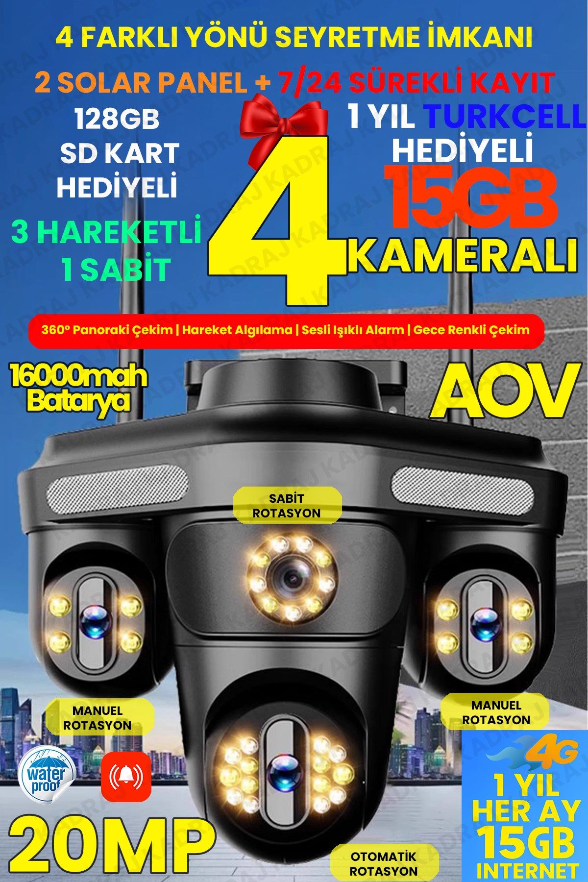 Kadraj 4 Kameraları 4G - eSim Solar Panelli, Her ay 15GB Turkcell 1 Yıl Hediyeli, 7/24 Kayıt Aov, Hareket AlgılamA, 128Gb Sd Kart Hediye, Alarm,