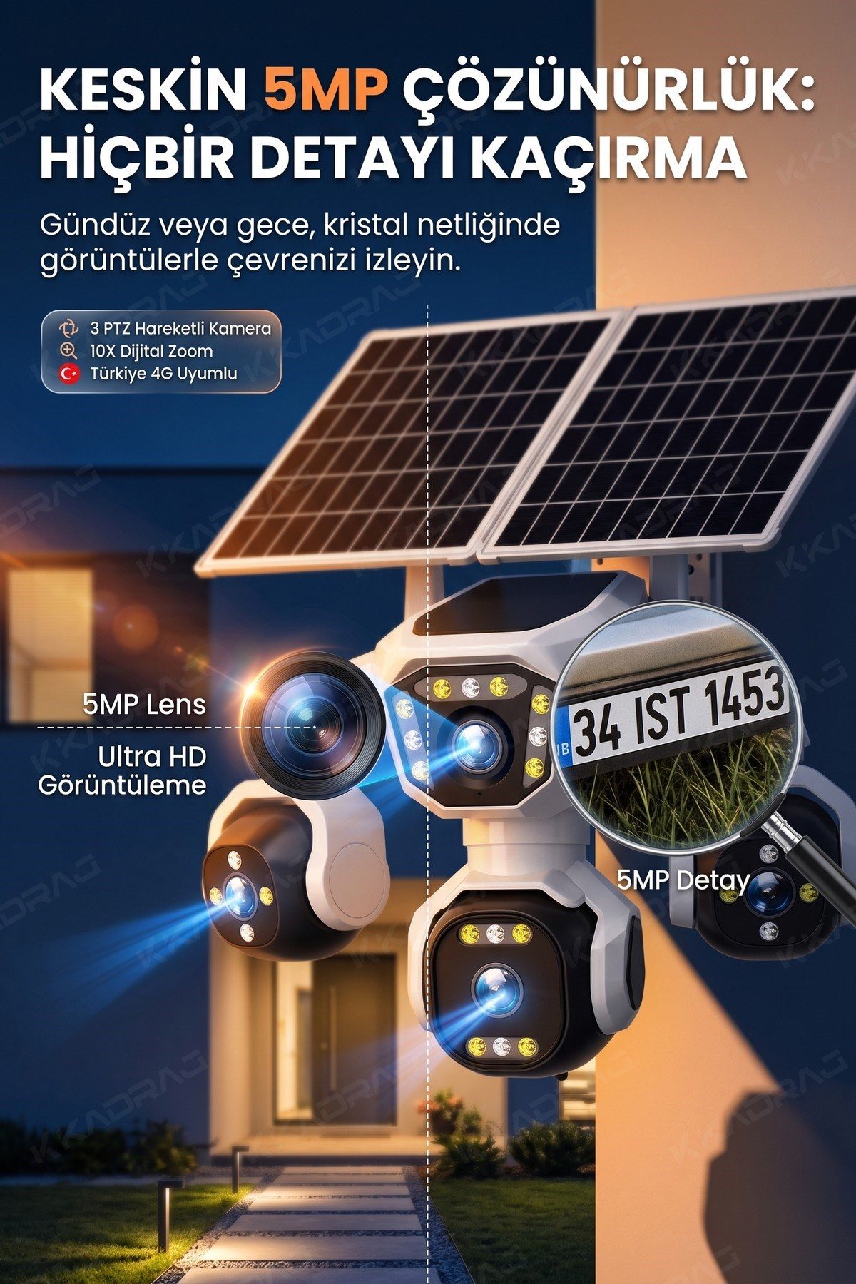 4 Kameralı - 2 Solar Panelli + Yeni Nesil + E- Sim Destekli + 20MP Güvenlik Kamerası Yapay Zeka Tek görsel 5