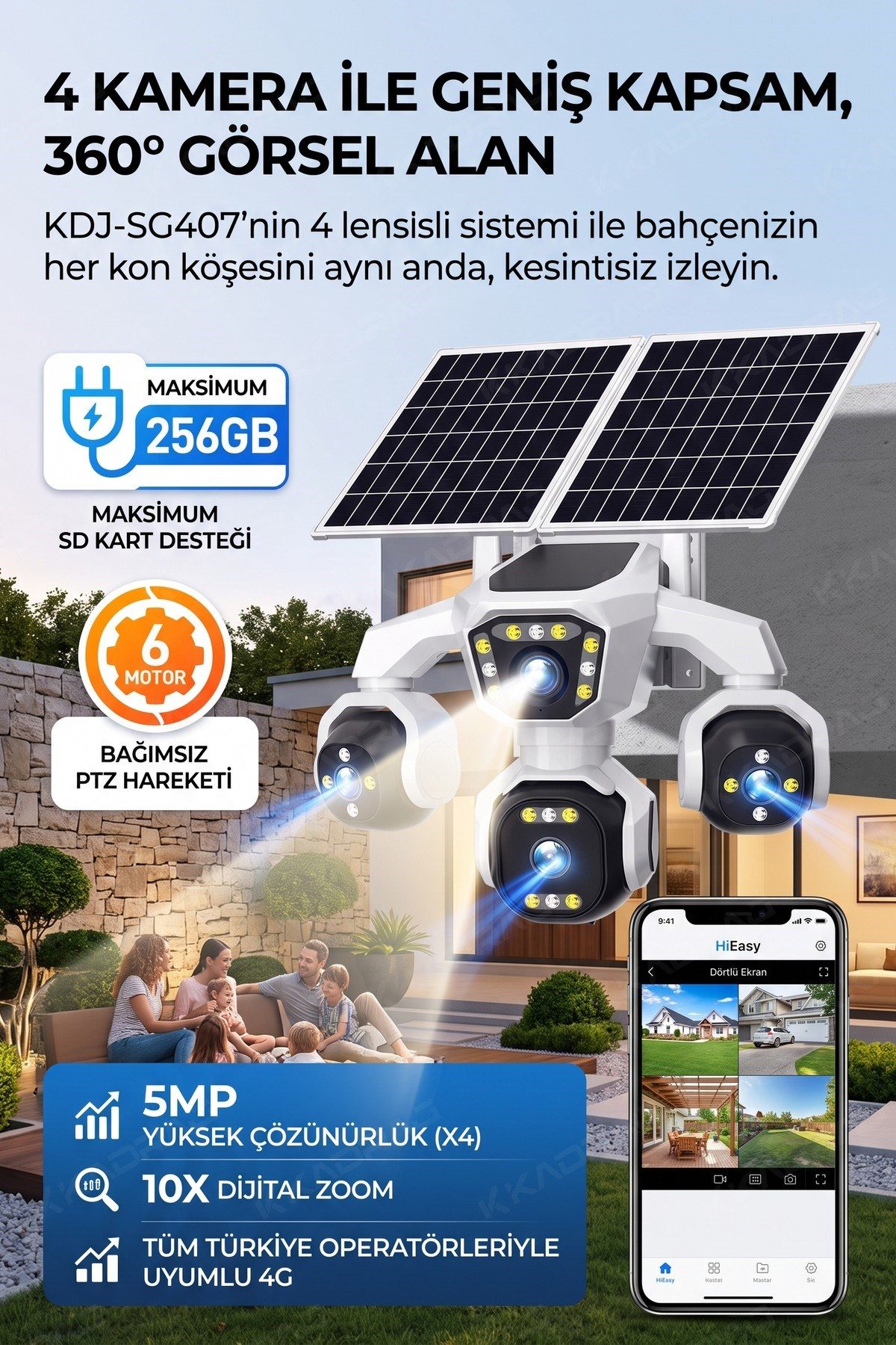 4 Kameralı - 2 Solar Panelli + Yeni Nesil + E- Sim Destekli + 20MP Güvenlik Kamerası Yapay Zeka Tek görsel 4