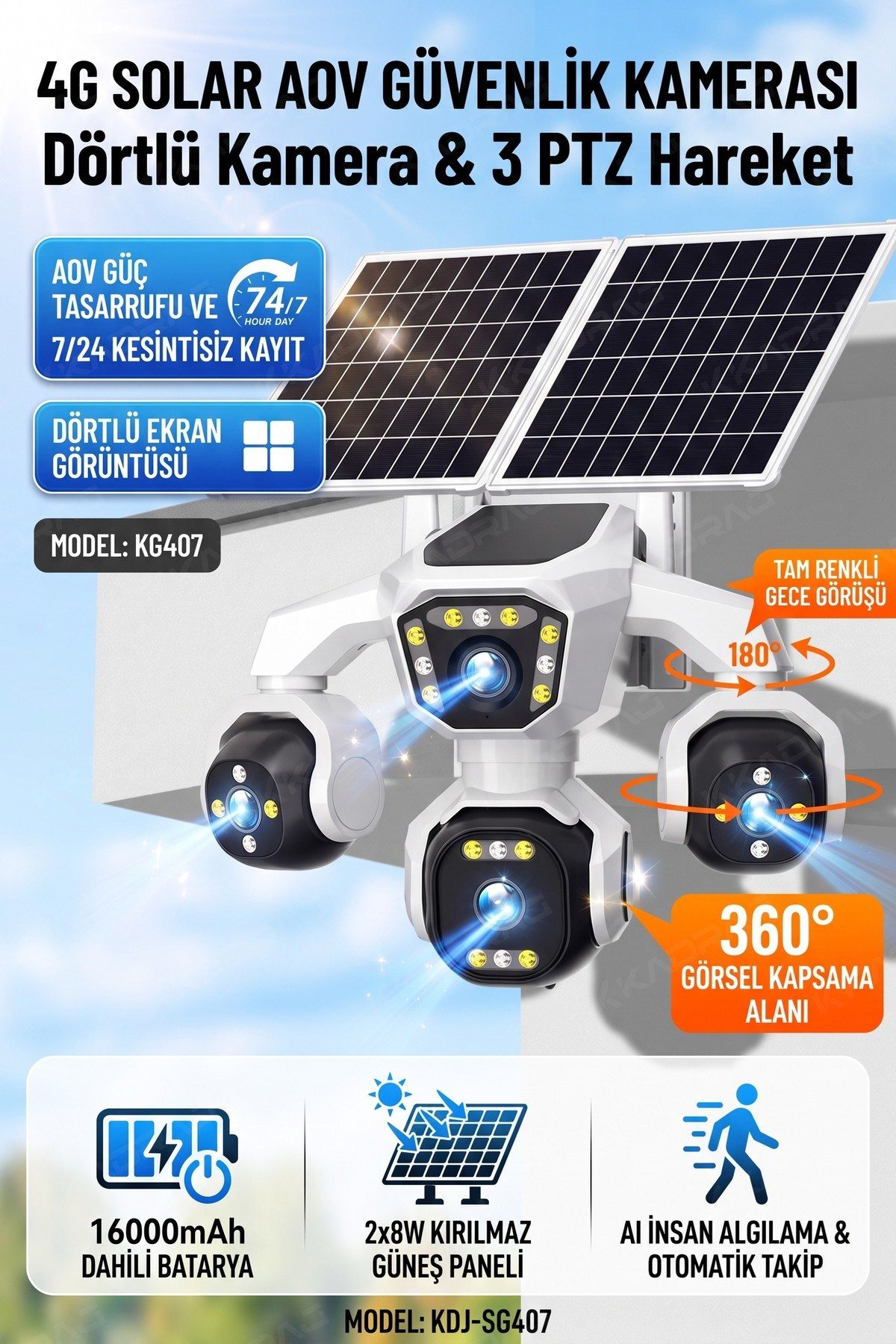 4 Kameralı - 2 Solar Panelli + Yeni Nesil + E- Sim Destekli + 20MP Güvenlik Kamerası Yapay Zeka Tek görsel 2