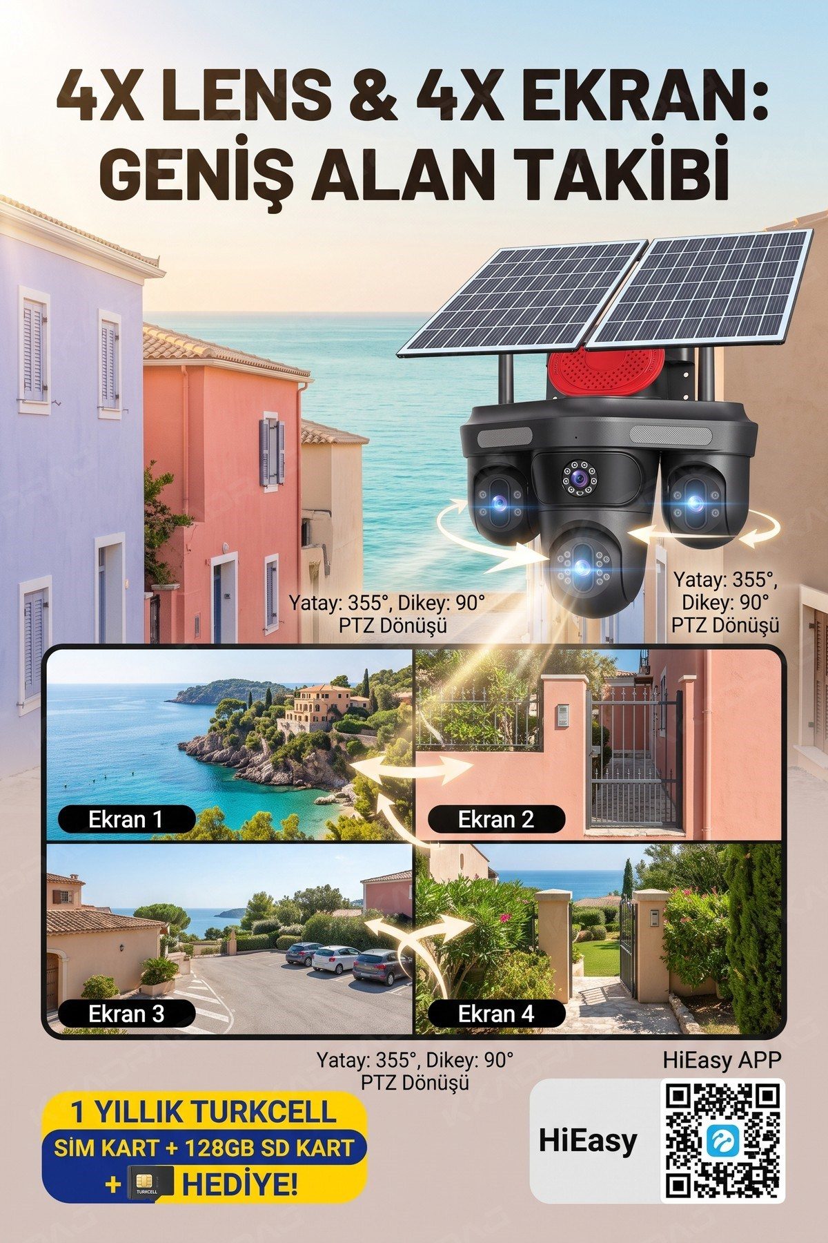 Kadraj 4 Kameralı 3 Otomatik PTZ Hareketli Kamera, 4G - e-Sim , 2 Solar Panelli, Yüksek Sesli Alarm, x99 tc15 - görsel 7