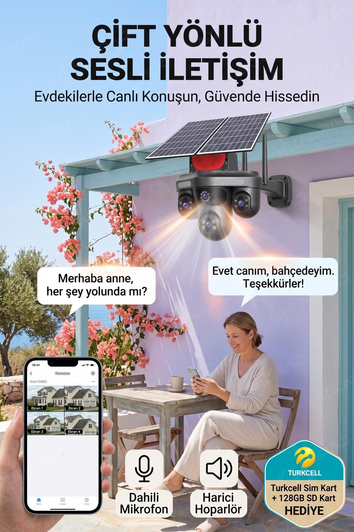 Kadraj 4 Kameralı 3 Otomatik PTZ Hareketli Kamera, 4G - e-Sim , 2 Solar Panelli, Yüksek Sesli Alarm, x99 tc15 - görsel 3