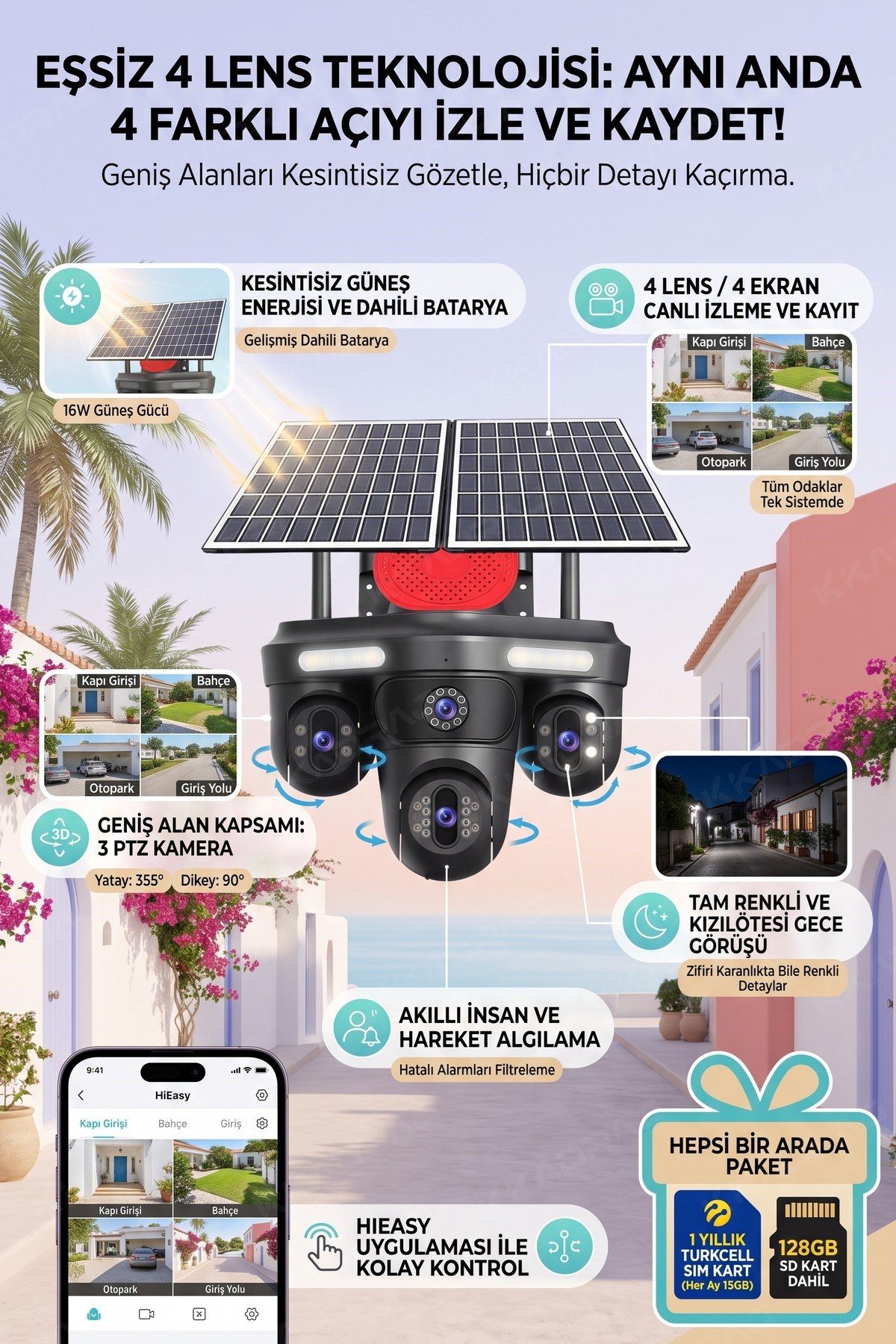 Kadraj 4 Kameralı 3 Otomatik PTZ Hareketli Kamera, 4G - e-Sim , 2 Solar Panelli, Yüksek Sesli Alarm, x99 tc15