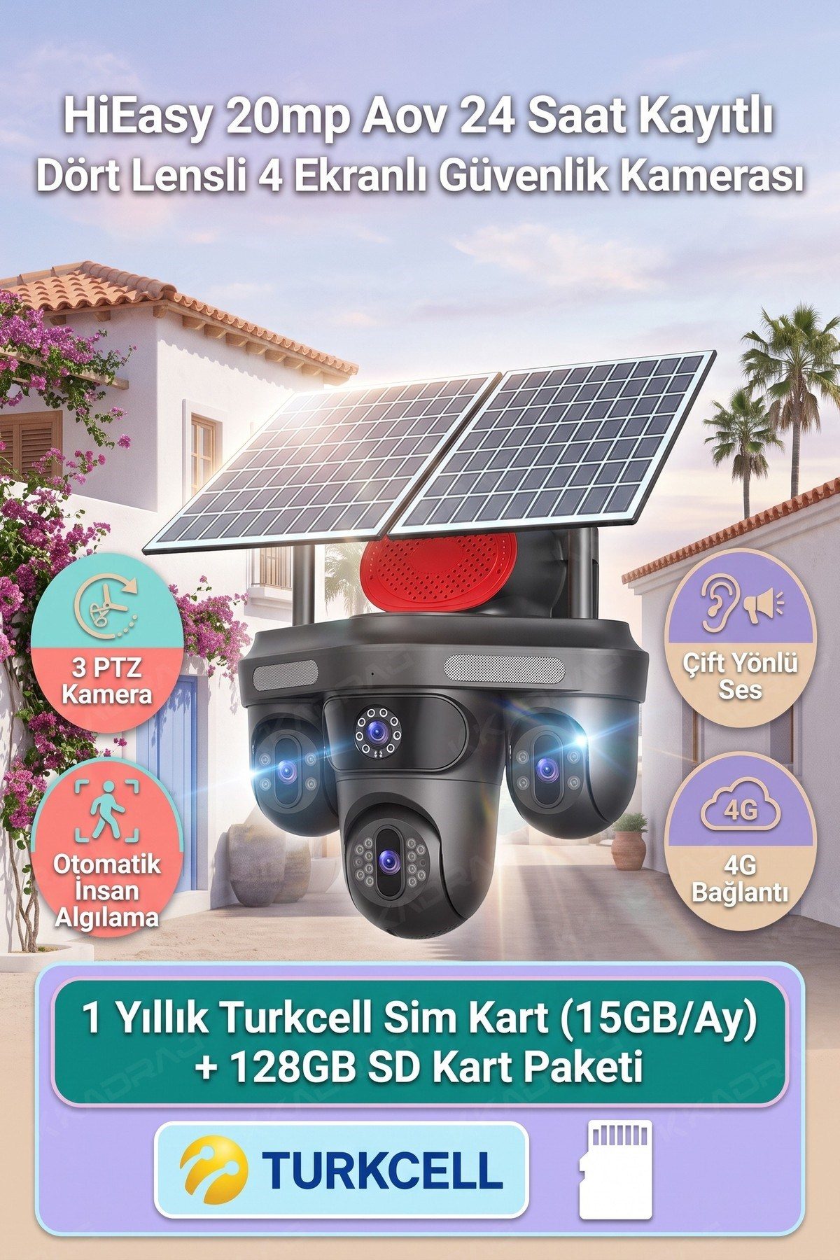 Kadraj 4 Kameralı 3 Otomatik PTZ Hareketli Kamera, 4G - e-Sim , 2 Solar Panelli, Yüksek Sesli Alarm, x99 tc15 - görsel 10