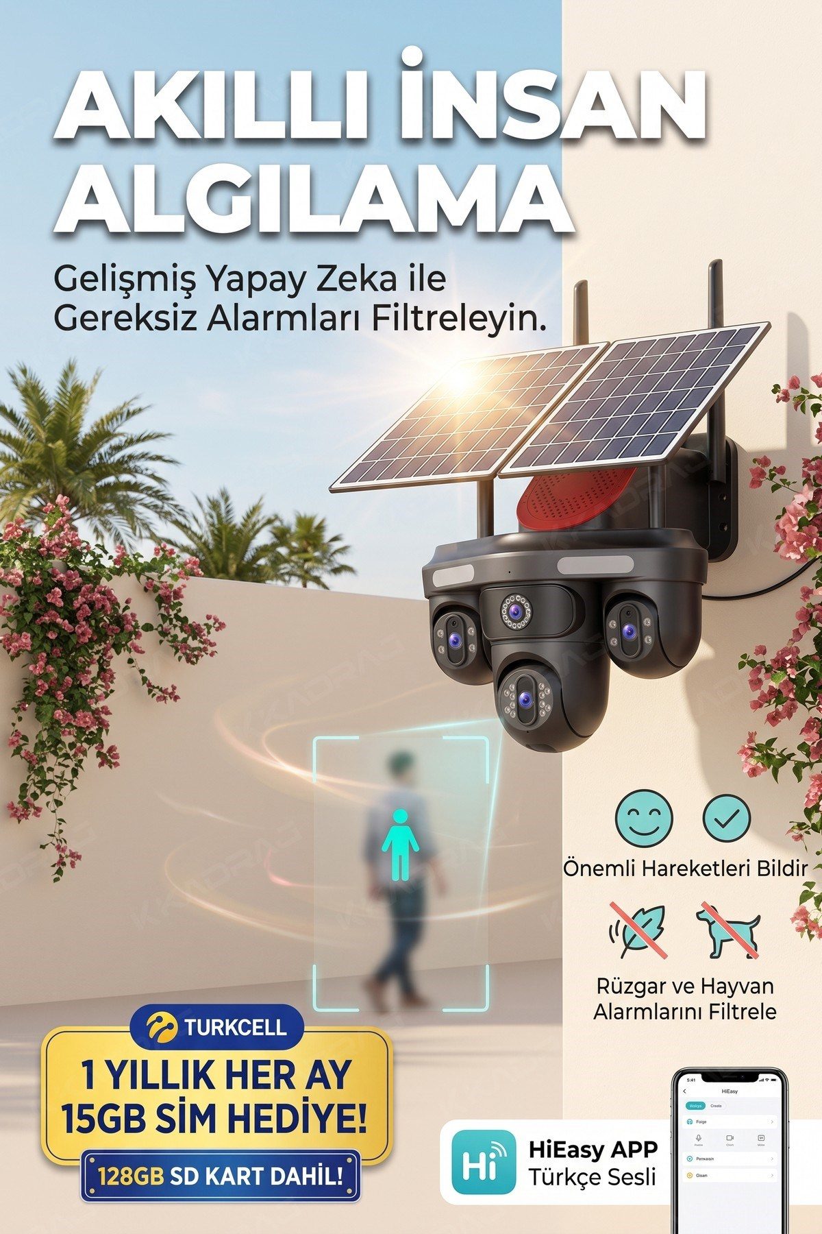 Kadraj 4 Kameralı 3 Otomatik PTZ Hareketli Kamera, 4G - e-Sim , 2 Solar Panelli, Yüksek Sesli Alarm, x99 tc15 - görsel 4