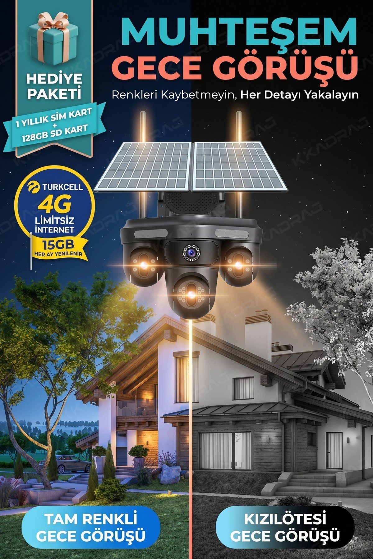 Kadraj 4 Kameralı 3 Otomatik PTZ Hareketli Kamera, 4G - e-Sim , 2 Solar Panelli, Yüksek Sesli Alarm, x99 tc15 - görsel 2