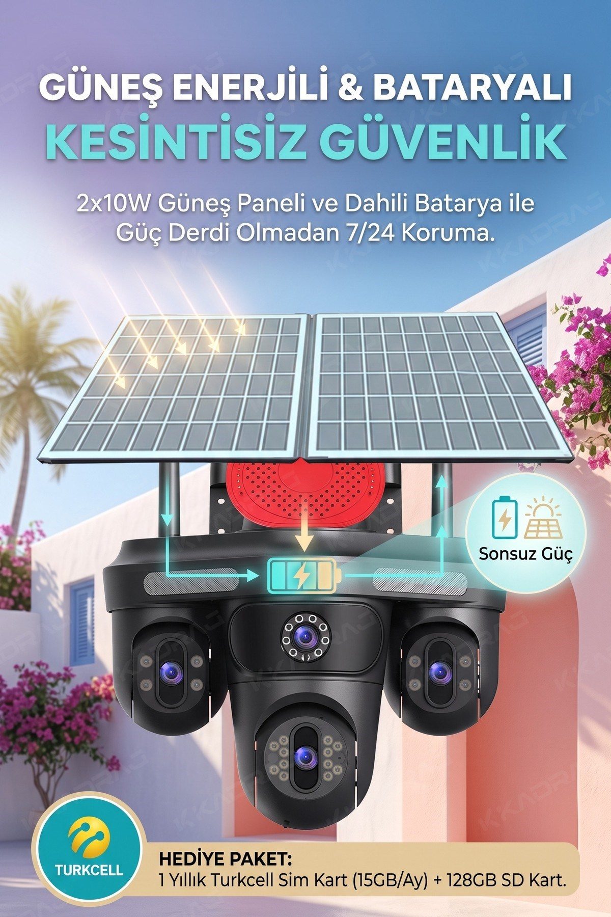 Kadraj 4 Kameralı 3 Otomatik PTZ Hareketli Kamera, 4G - e-Sim , 2 Solar Panelli, Yüksek Sesli Alarm, x99 tc15 - görsel 15