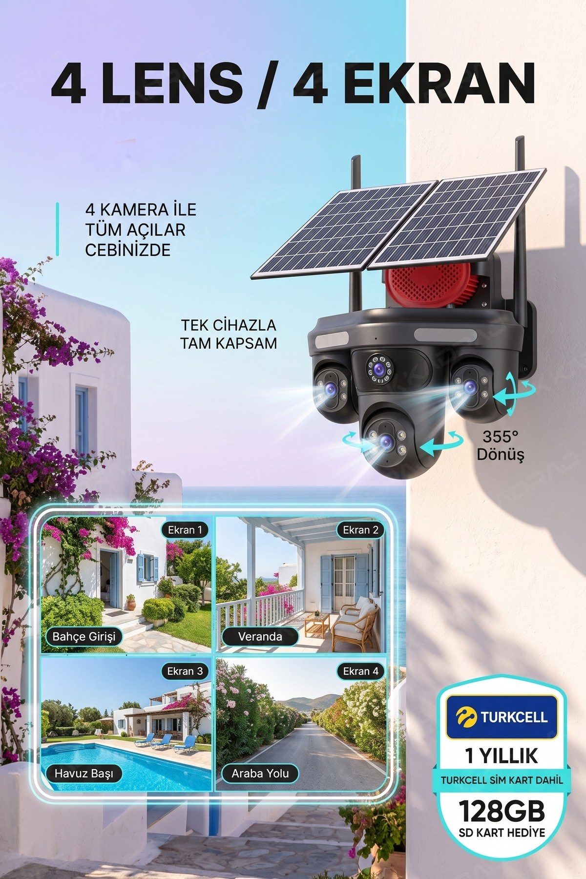 Kadraj 4 Kameralı 3 Otomatik PTZ Hareketli Kamera, 4G - e-Sim , 2 Solar Panelli, Yüksek Sesli Alarm, x99 tc15 - görsel 13
