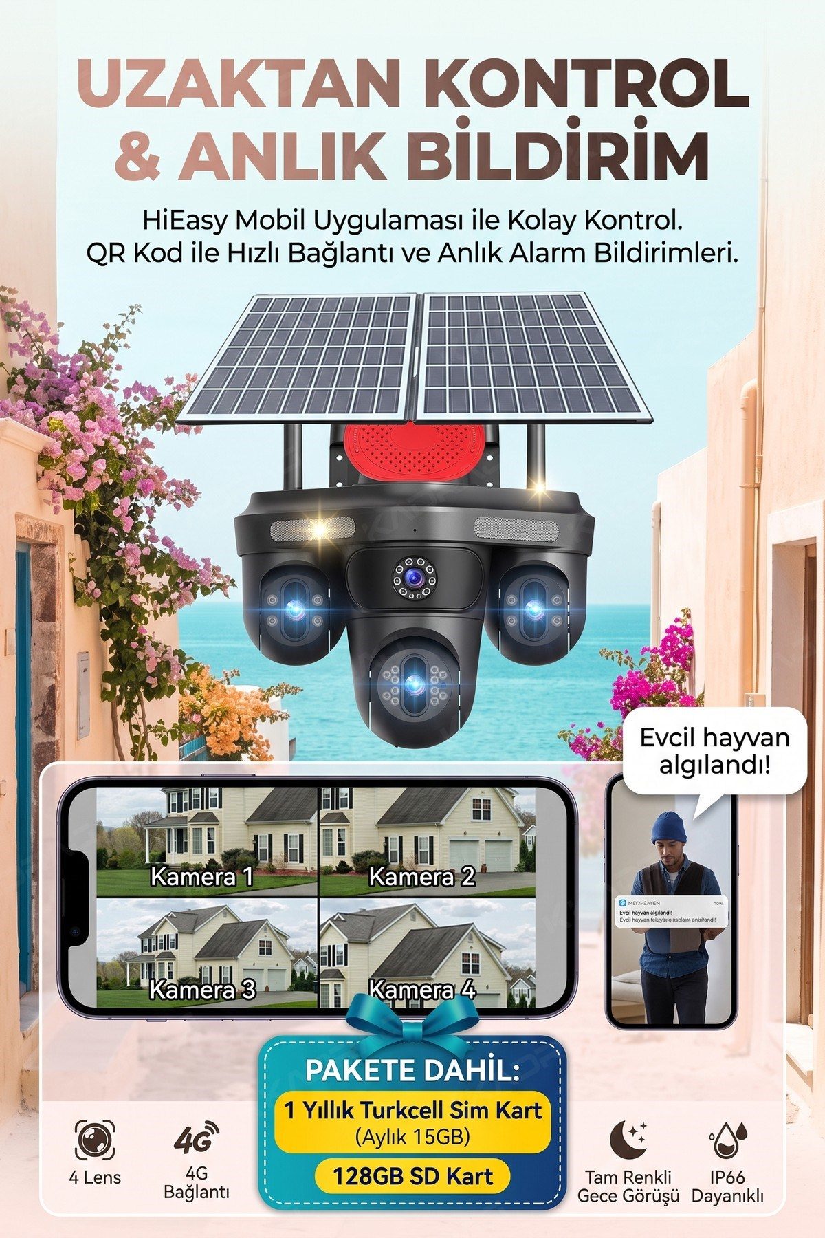 Kadraj 4 Kameralı 3 Otomatik PTZ Hareketli Kamera, 4G - e-Sim , 2 Solar Panelli, Yüksek Sesli Alarm, x99 tc15 - görsel 2