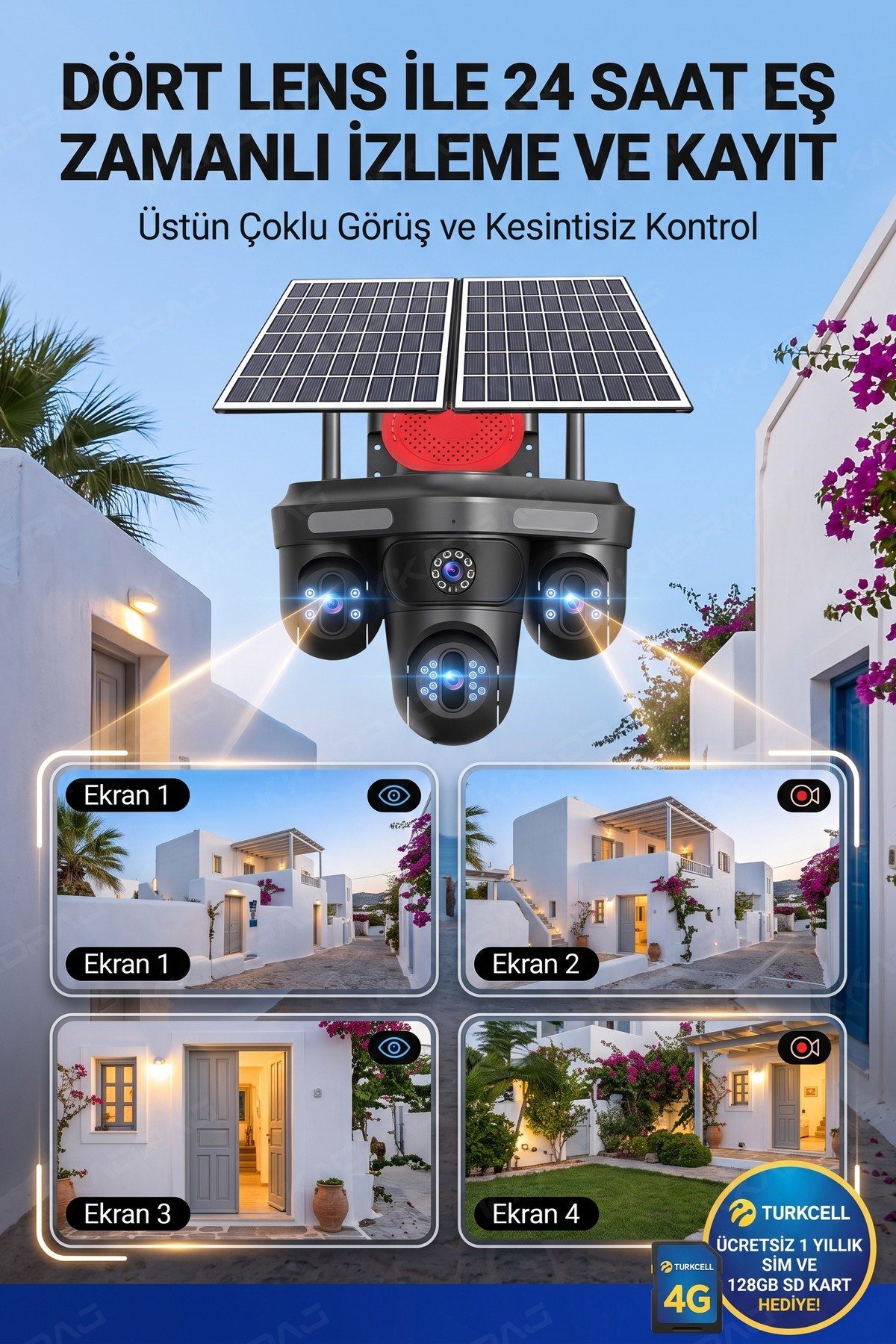 Kadraj 4 Kameralı 3 Otomatik PTZ Hareketli Kamera, 4G - e-Sim , 2 Solar Panelli, Yüksek Sesli Alarm, x99 tc15 - görsel 8