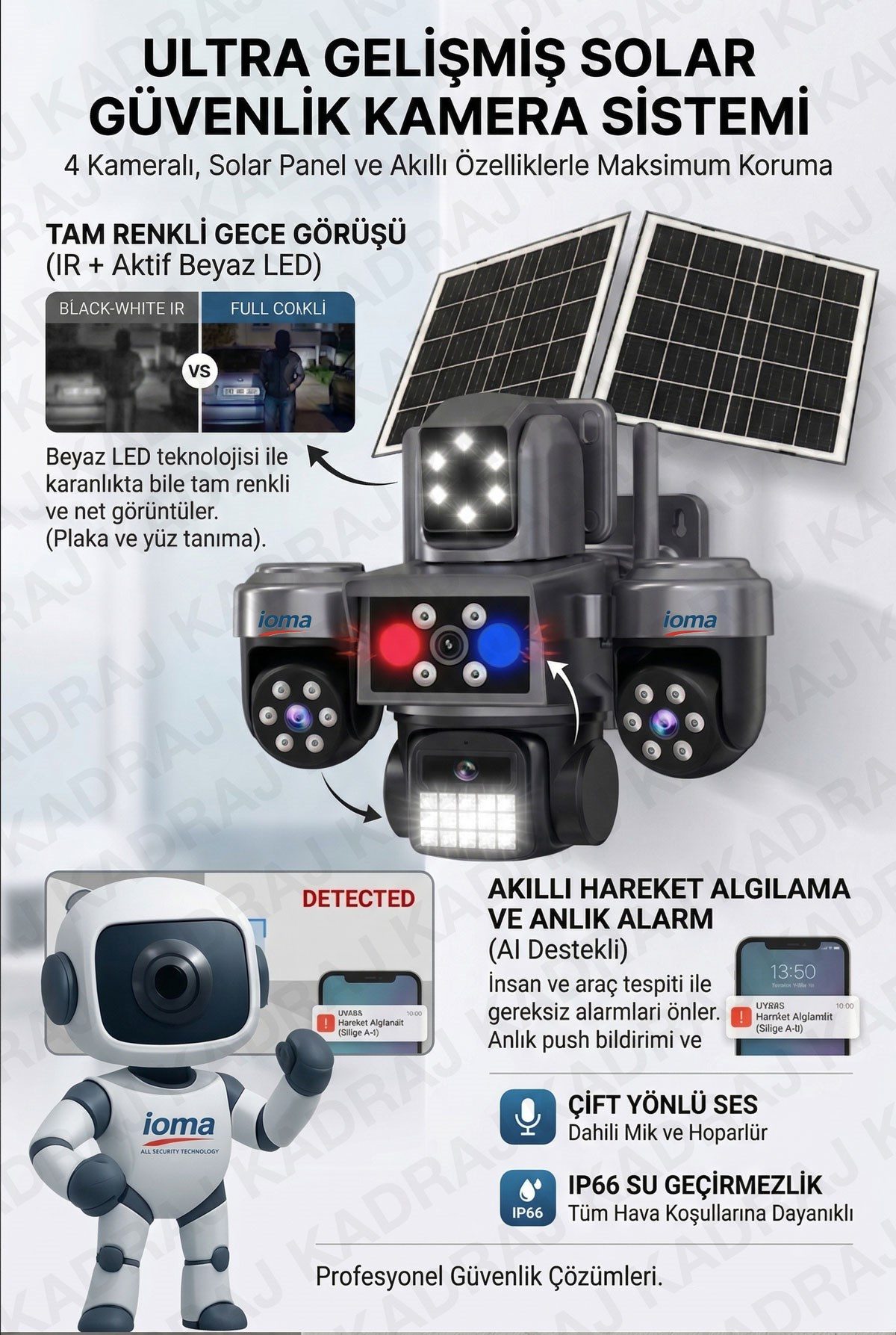 IOMA 4 Kameralı, 4G Sim Kartlı, Yıllık 180GB Turkcell İnternet ve 128GB SD Kart Dahil, Çakarlı, Sirenli 2 Solar Panel - görsel 3