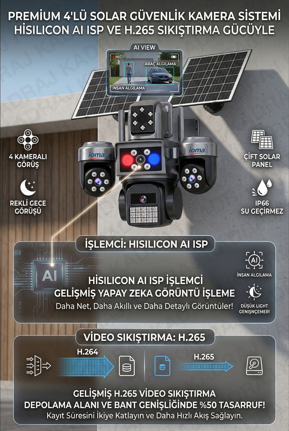 IOMA 4 Kameralı, 4G Sim Kartlı, Yıllık 180GB Turkcell İnternet ve 128GB SD Kart Dahil, Çakarlı, Sirenli 2 Solar Panel - görsel 2