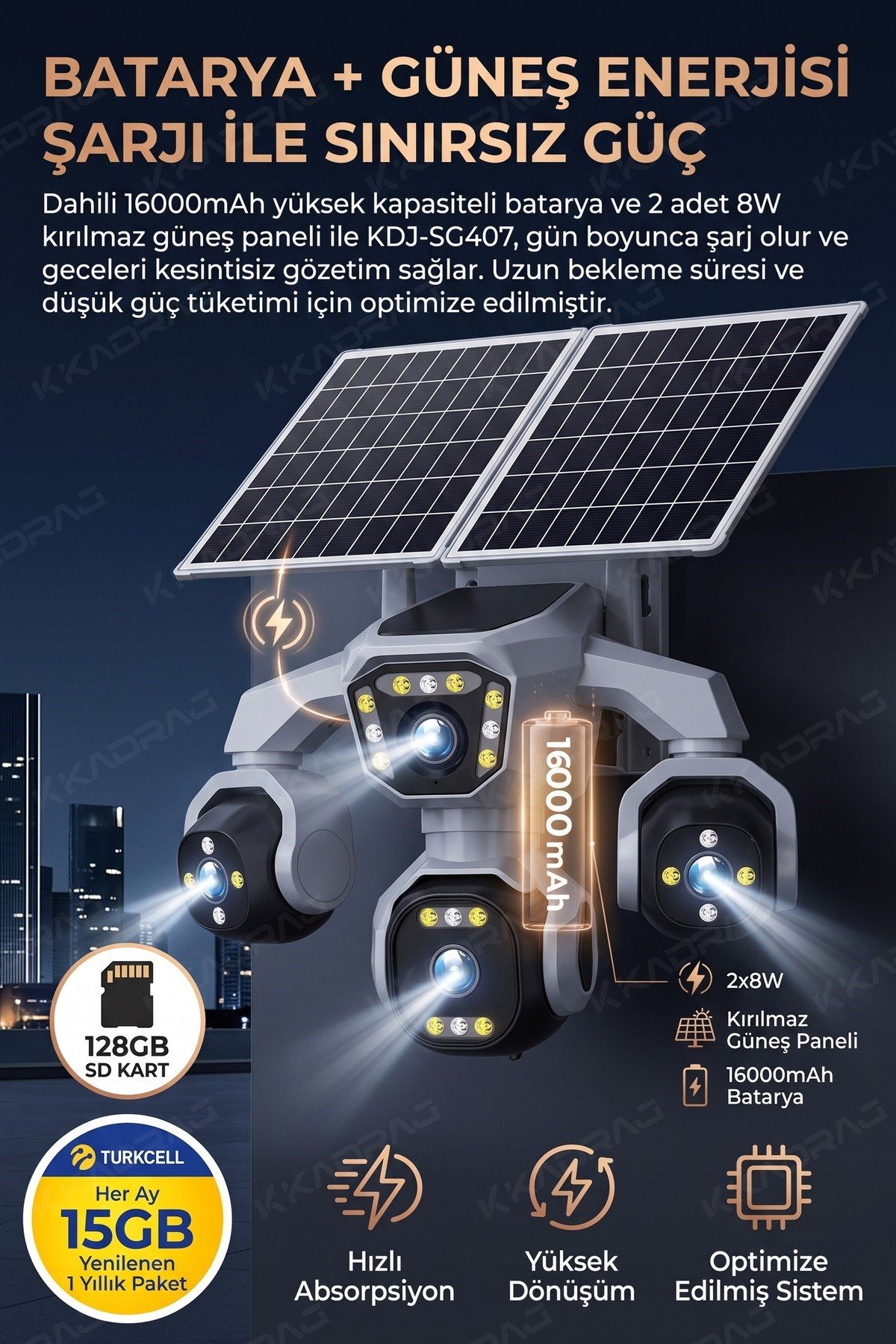 Kadraj 4 Kameralı - Güneş Enerjili + 16000 Mah. + E- Sim Destekli + 20MP Güvenlik Kamerası Yapay Zeka TC15 - görsel 5