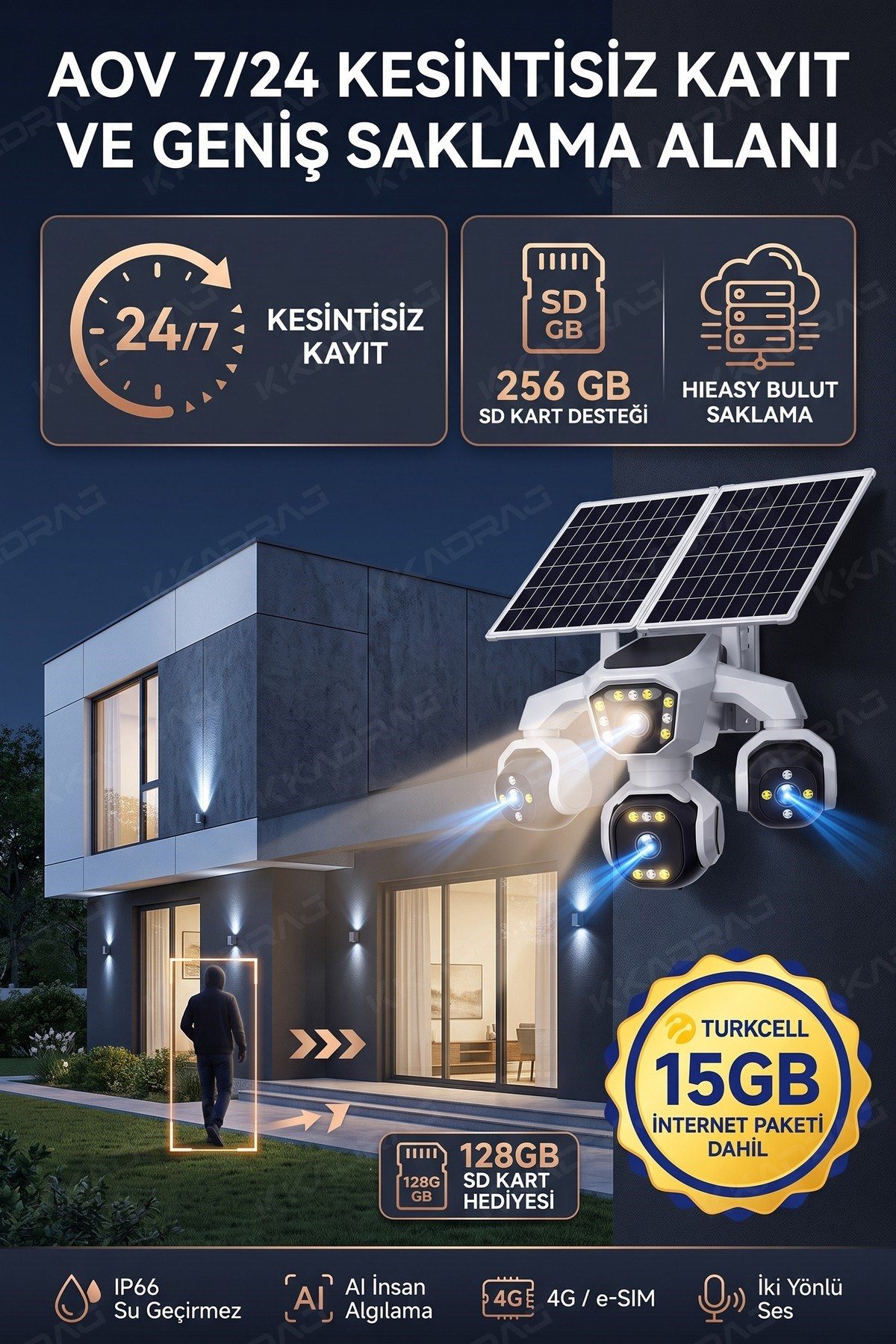 Kadraj 4 Kameralı - Güneş Enerjili + 16000 Mah. + E- Sim Destekli + 20MP Güvenlik Kamerası Yapay Zeka TC15 - görsel 3