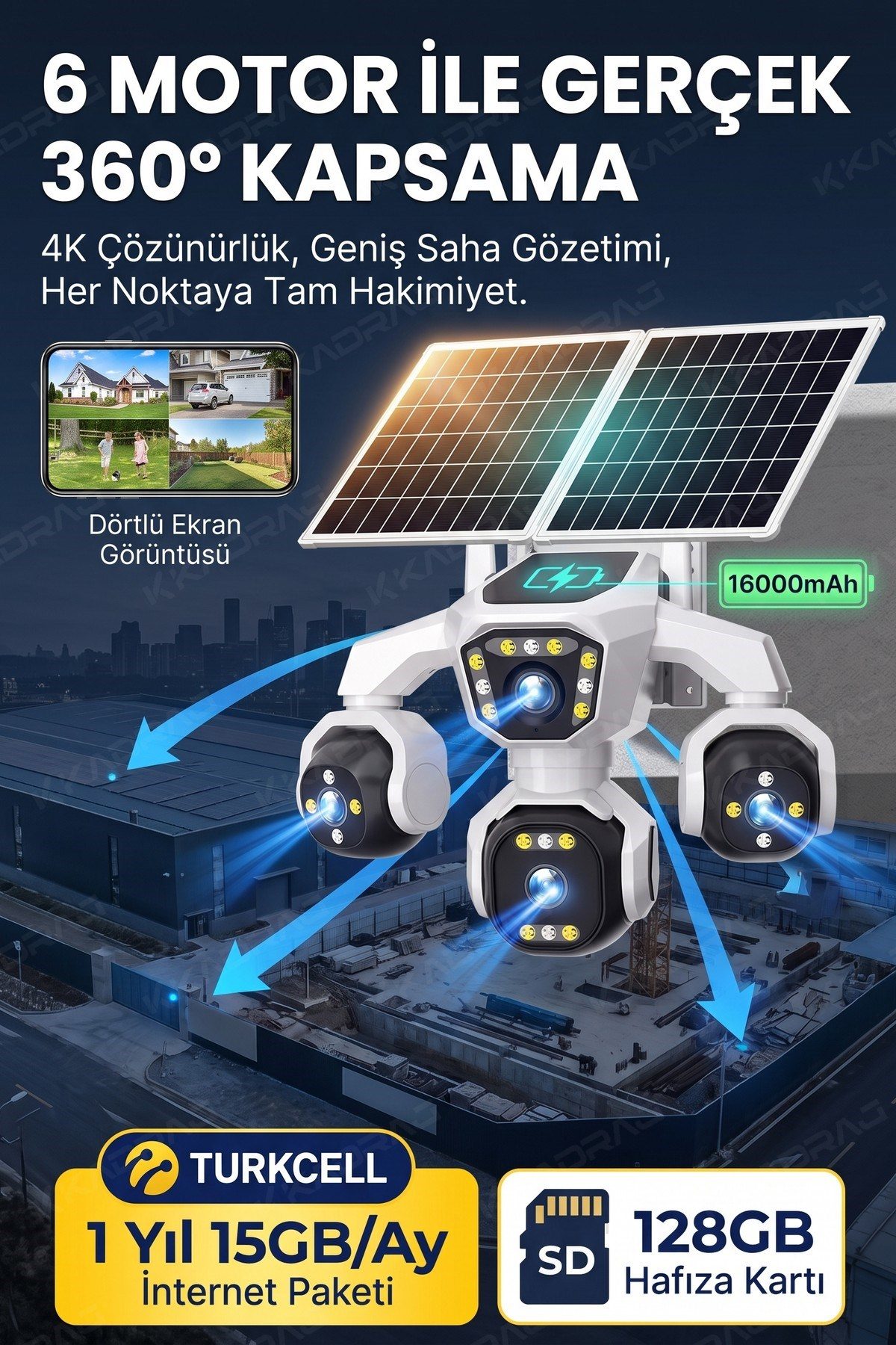 Kadraj 4 Kameralı - Güneş Enerjili + 16000 Mah. + E- Sim Destekli + 20MP Güvenlik Kamerası Yapay Zeka TC15