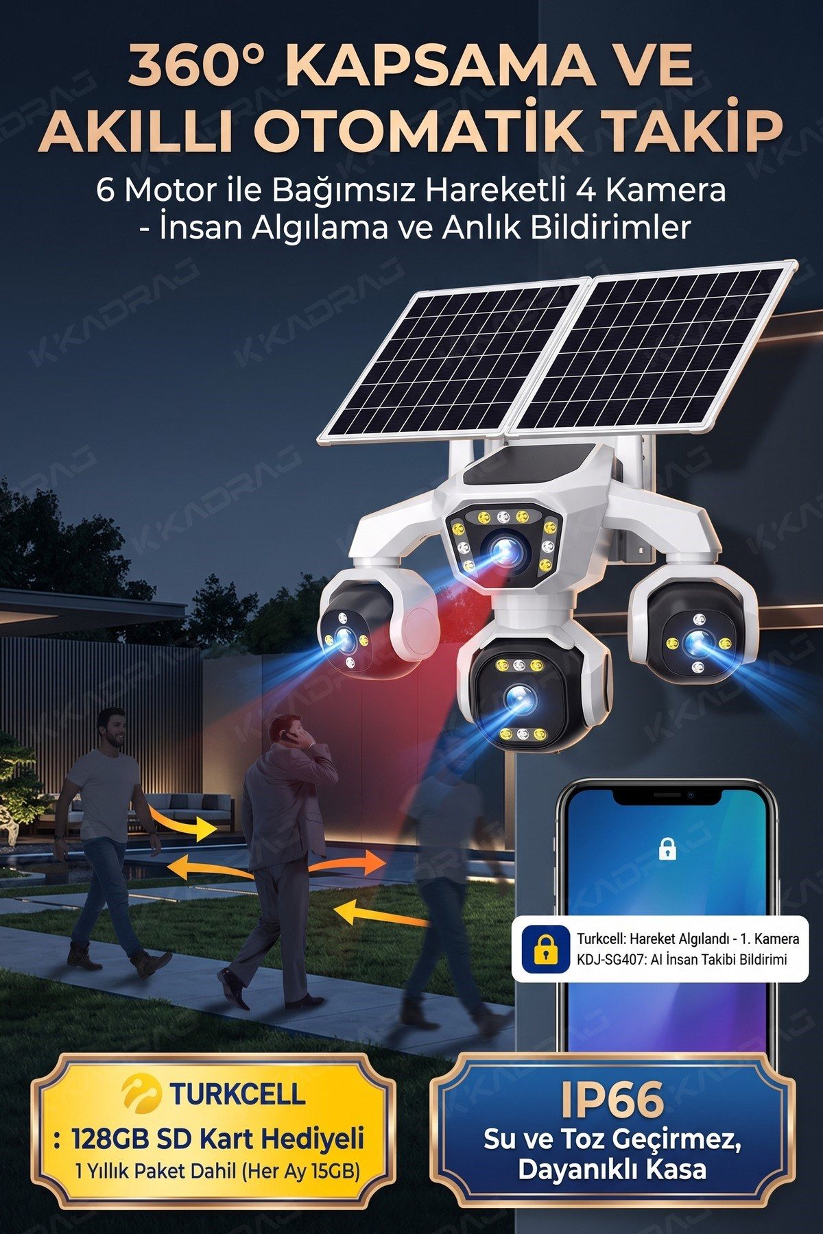 Kadraj 4 Kameralı - Güneş Enerjili + 16000 Mah. + E- Sim Destekli + 20MP Güvenlik Kamerası Yapay Zeka TC15 - görsel 5