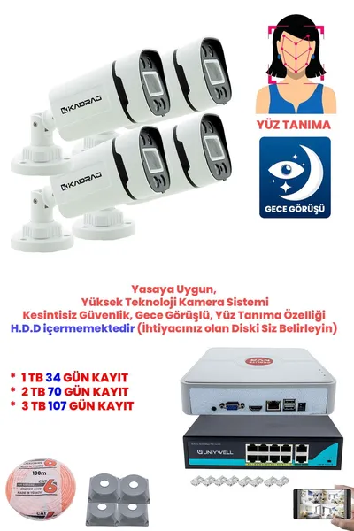 Kadraj 4 Kameralı Güvenlik IP Kamera Seti - 4MP Dış Mekan Kamera, H.265+, PoE Switch, Gece Renkli Görüş, 9 Kanal NVR, DISK (H.D.D) ICERMEZ