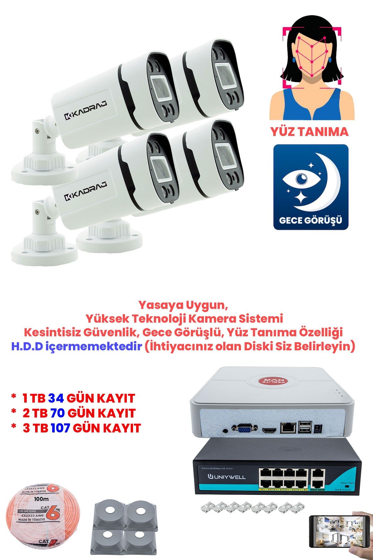 Kadraj 4 Kameralı Güvenlik IP Kamera Seti - 4MP Dış Mekan Kamera, H.265+, PoE Switch, Gece Renkli Görüş, 9 Kanal NVR, DISK (H.D.D) ICERMEZ