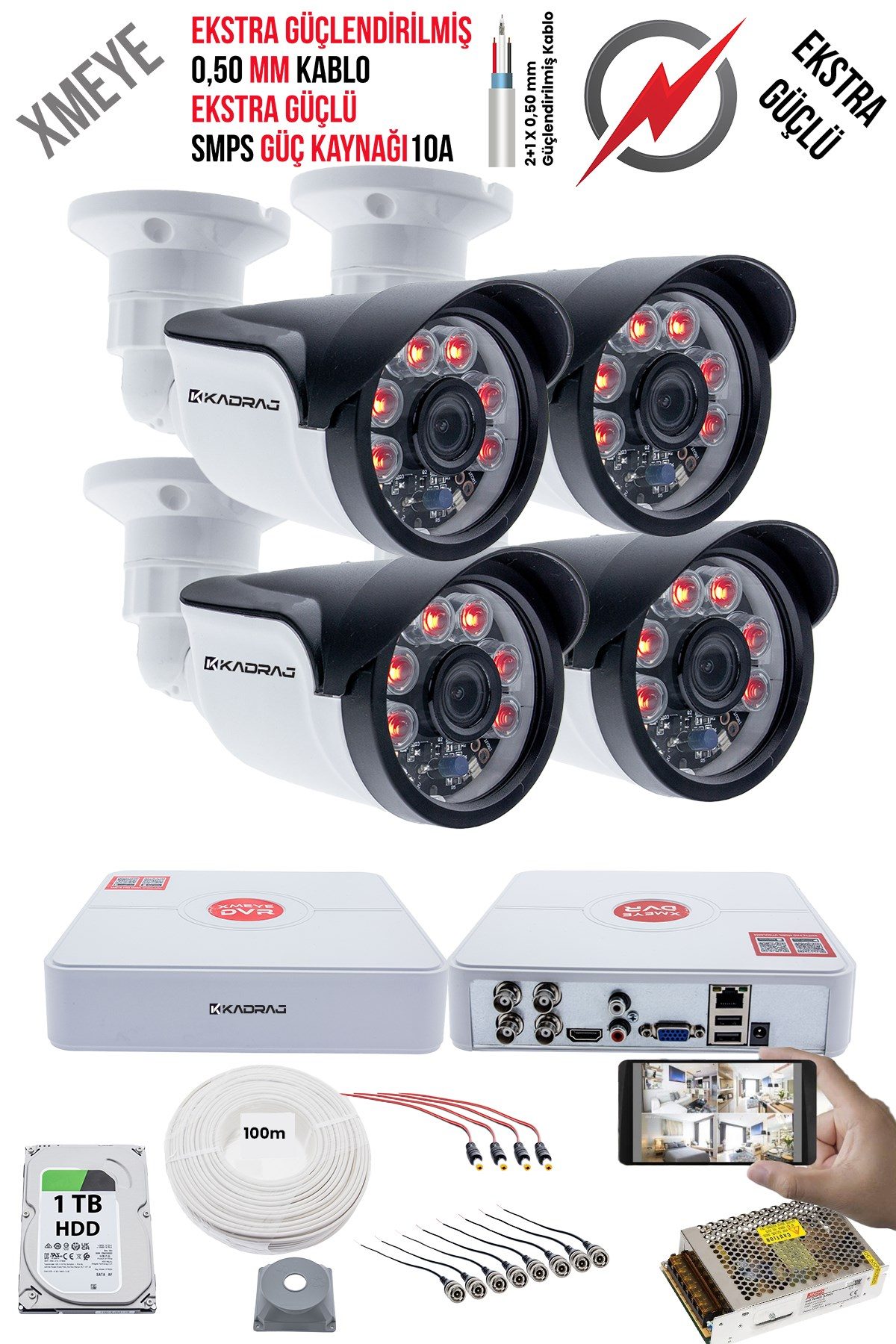 Kadraj 4 Kameralı Güvenlik Kamera Seti - Ekstra Uzun Mesafeli Güçlü, 5MP Sony Lens, 70m Dayanıklı Kablolama, 6 Atom LED, 1TB H.D.D