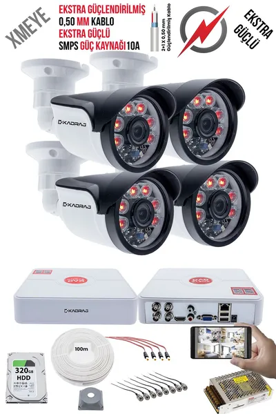 Kadraj 4 Kameralı Güvenlik Kamera Seti - Ekstra Uzun Mesafeli Güçlü, 5MP Sony Lens, 70m Dayanıklı Kablolama, 6 Atom LED, 320GB H.D.D