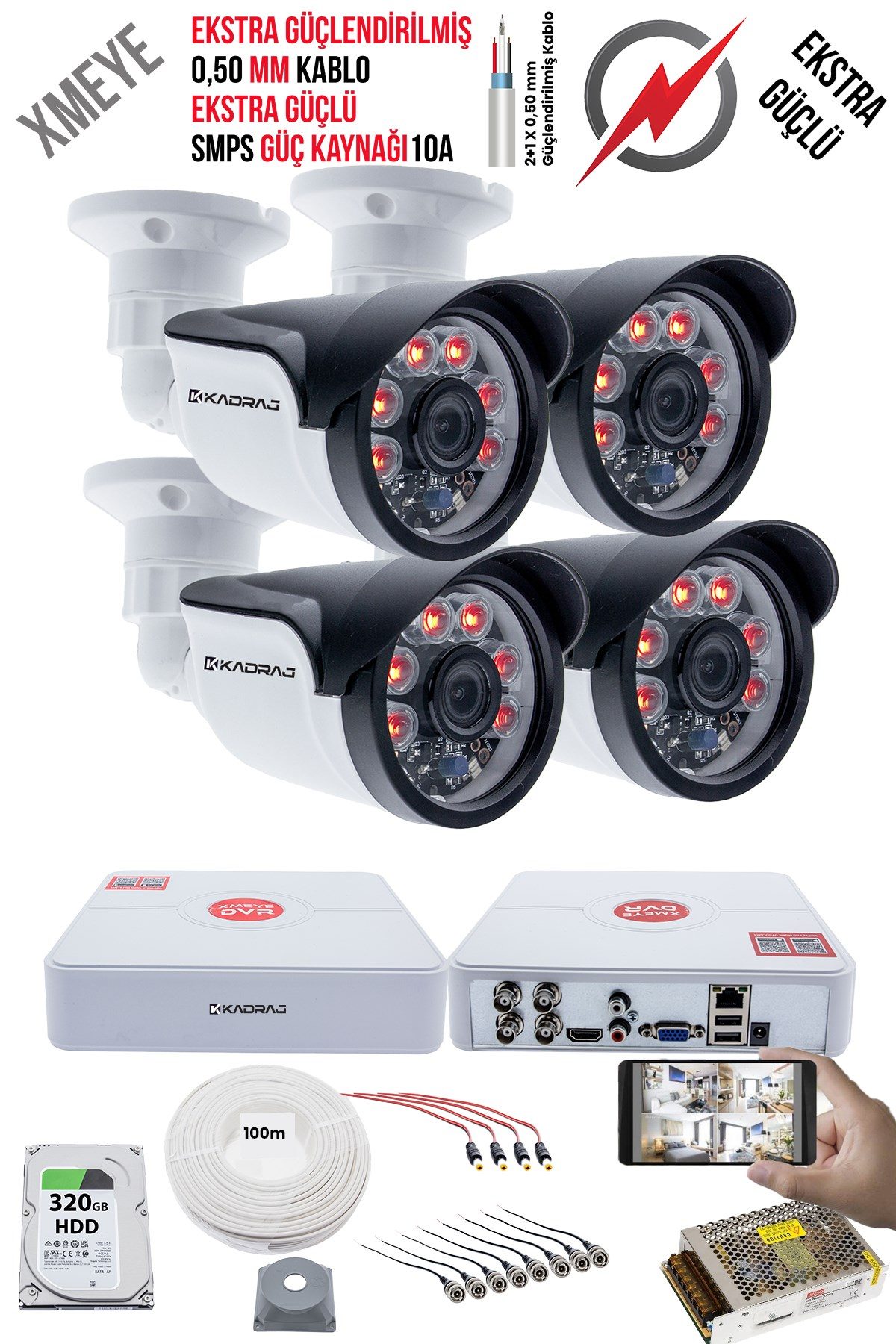 Kadraj 4 Kameralı Güvenlik Kamera Seti - Ekstra Uzun Mesafeli Güçlü, 5MP Sony Lens, 70m Dayanıklı Kablolama, 6 Atom LED, 320GB H.D.D