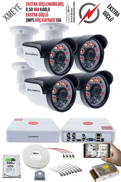 Kadraj 4 Kameralı Güvenlik Kamera Seti - Ekstra Uzun Mesafeli Güçlü, 5MP Sony Lens, 70m Dayanıklı Kablolama, 6 Atom LED, 500gb H.D.D