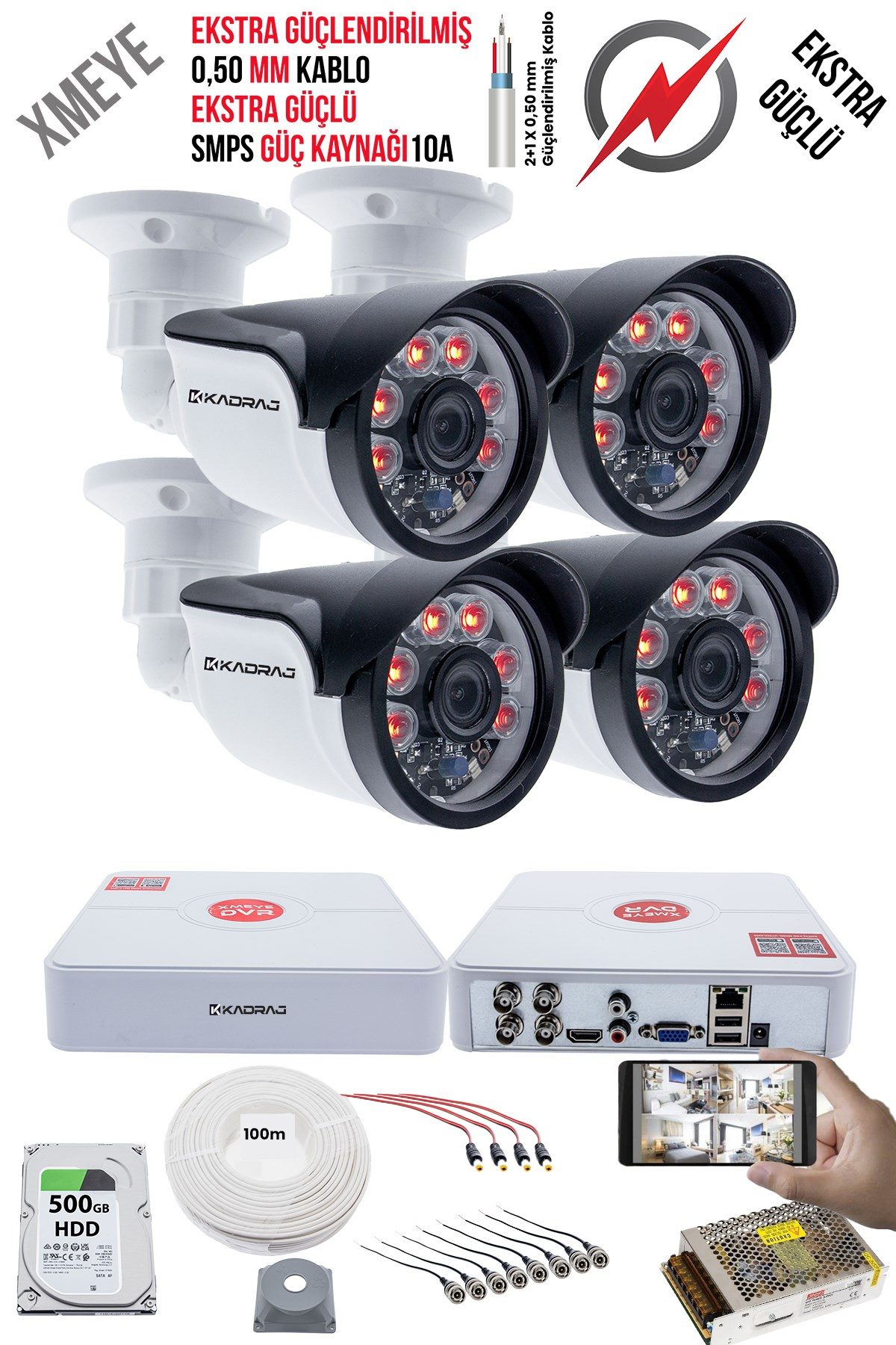 Kadraj 4 Kameralı Güvenlik Kamera Seti - Ekstra Uzun Mesafeli Güçlü, 5MP Sony Lens, 70m Dayanıklı Kablolama, 6 Atom LED, 500gb H.D.D