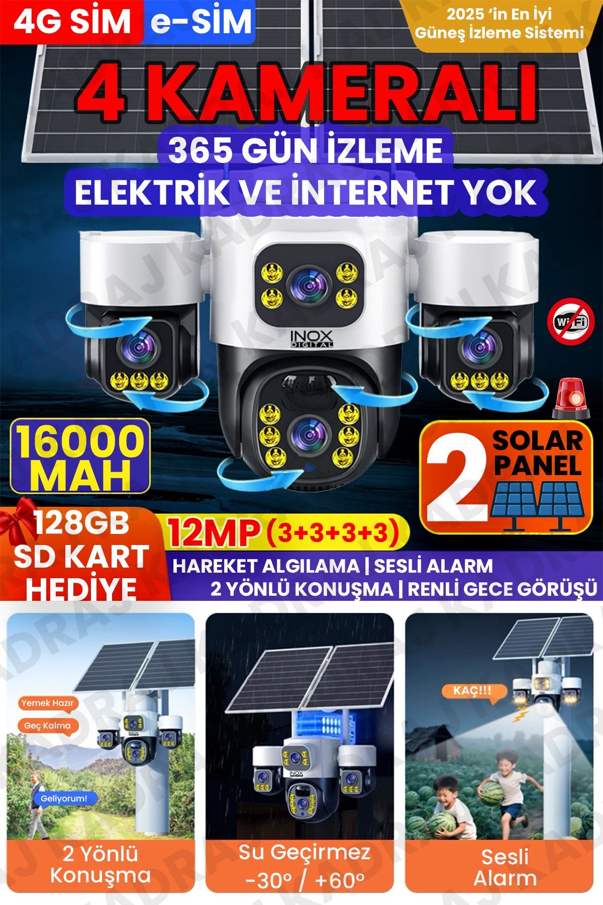 Kadraj 4 Kameralı INOX modeli , 4G + e-Sim, 2 Solar Panelli, Uzaktan izleme , Hareket Takip , Alarm , Sesli Konuşma, 16000 Mah Batarya