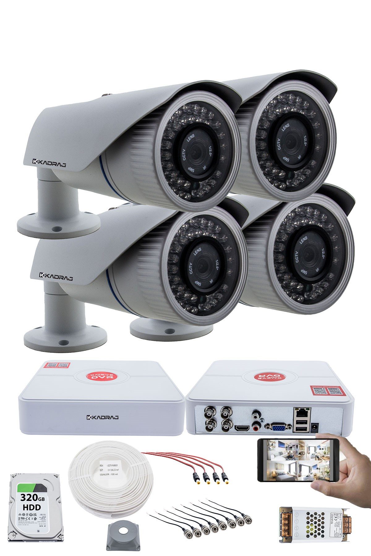 Kadraj 4 Kameralı Set 5MP Sony SecuLensli 1080p Full HD AHD Güvenlik Kamerası Seti - Gece Görüşlü, 42 IR Led, Metal Kasa