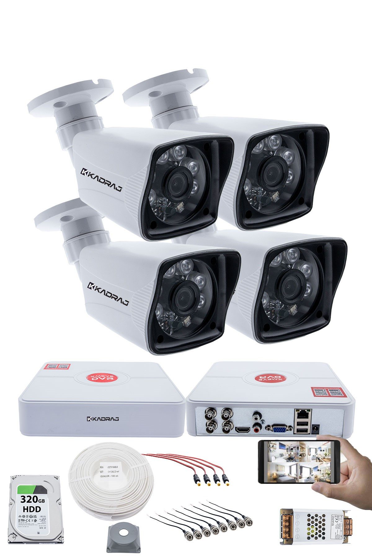 Kadraj 4 Kameralı Set 5MP Sony SecuLensli 1080P Full HD AHD Güvenlik Kamerası Seti - Gece Görüş, 6 Atom LED, Su Geçirmez, Kolay Montaj