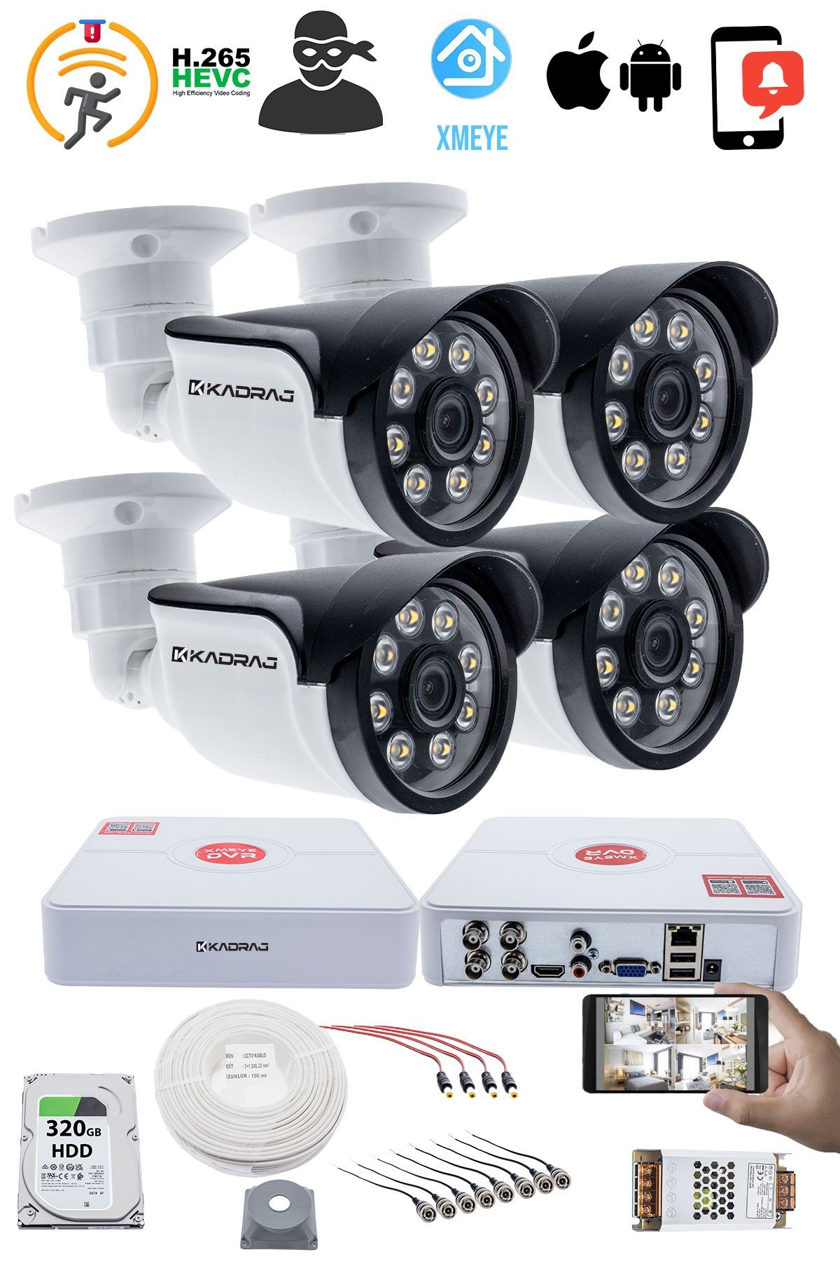Kadraj 4 Kameralı Set 5MP Sony SecuLensli 1080p Güvenlik Kamerası Seti - 8 Warm LED, Colorvu Gece Renkli Görüş, Su Geçirmez, Full HD, Kolay Kurulum - görsel 2