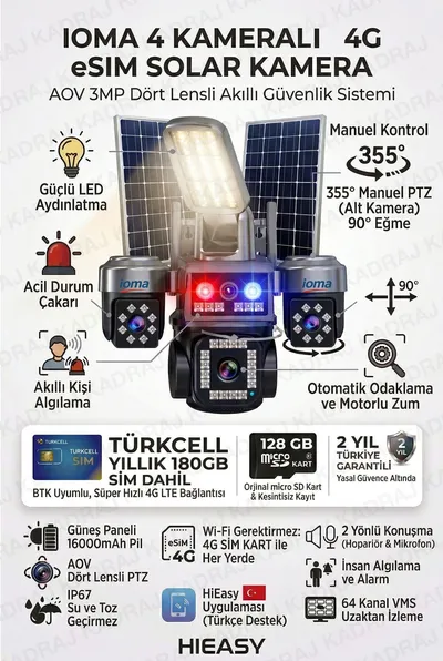 IOMA 4 Kameralı Sim Kartlı Kamera, 2 Solar Panelli, PTZ aydınlatmalı, 2 Yönlü Konuşma, Çakar
