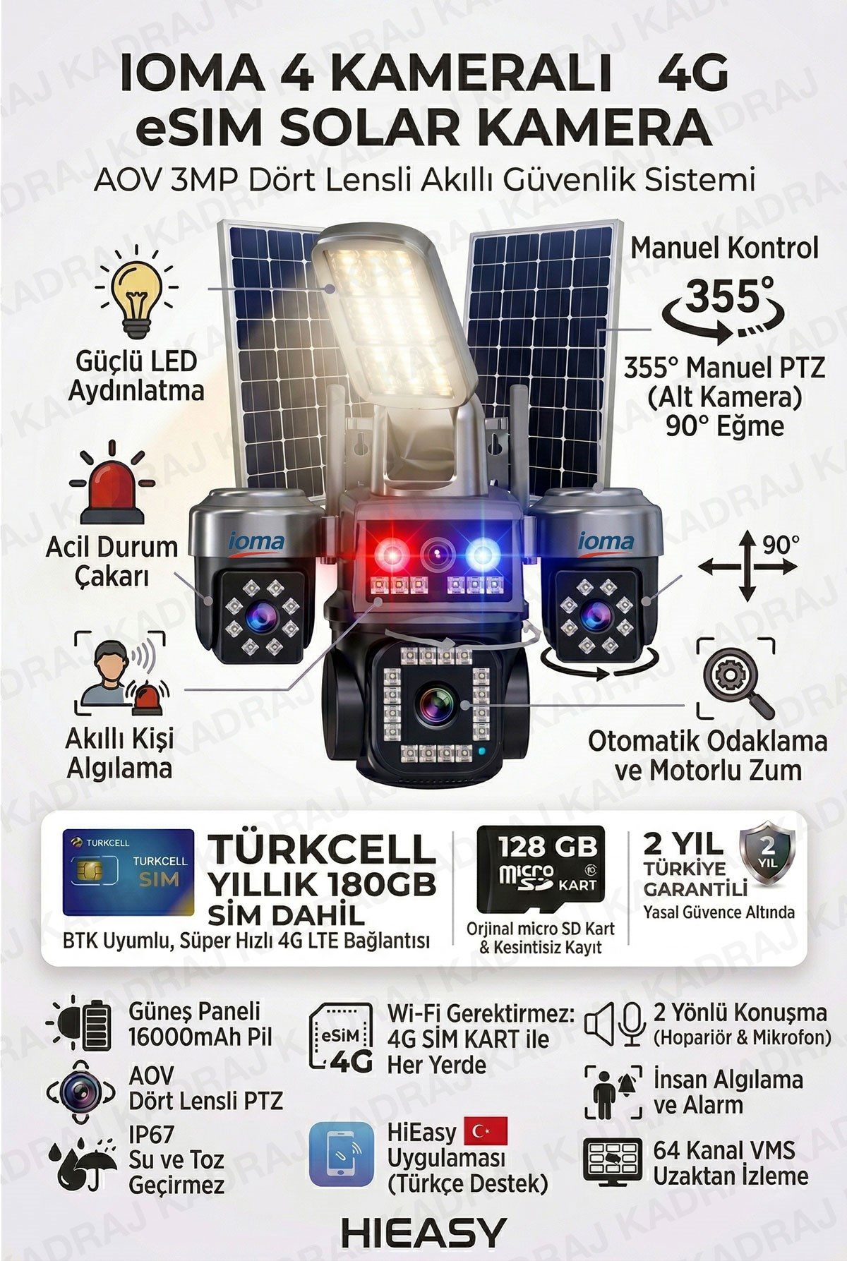 IOMA 4 Kameralı Sim Kartlı Kamera, 2 Solar Panelli, PTZ aydınlatmalı, 2 Yönlü Konuşma, Çakar
