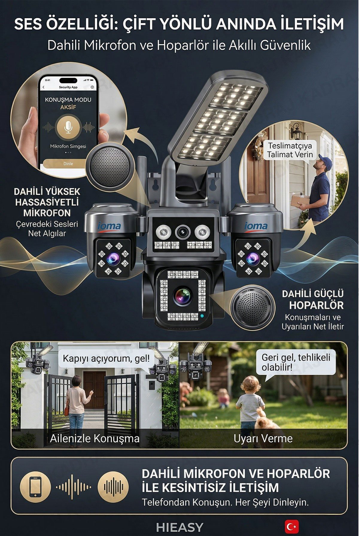 IOMA 4 Kameralı Sim Kartlı Kamera, 2 Solar Panelli, PTZ aydınlatmalı, 2 Yönlü Konuşma, Çakar - görsel 3