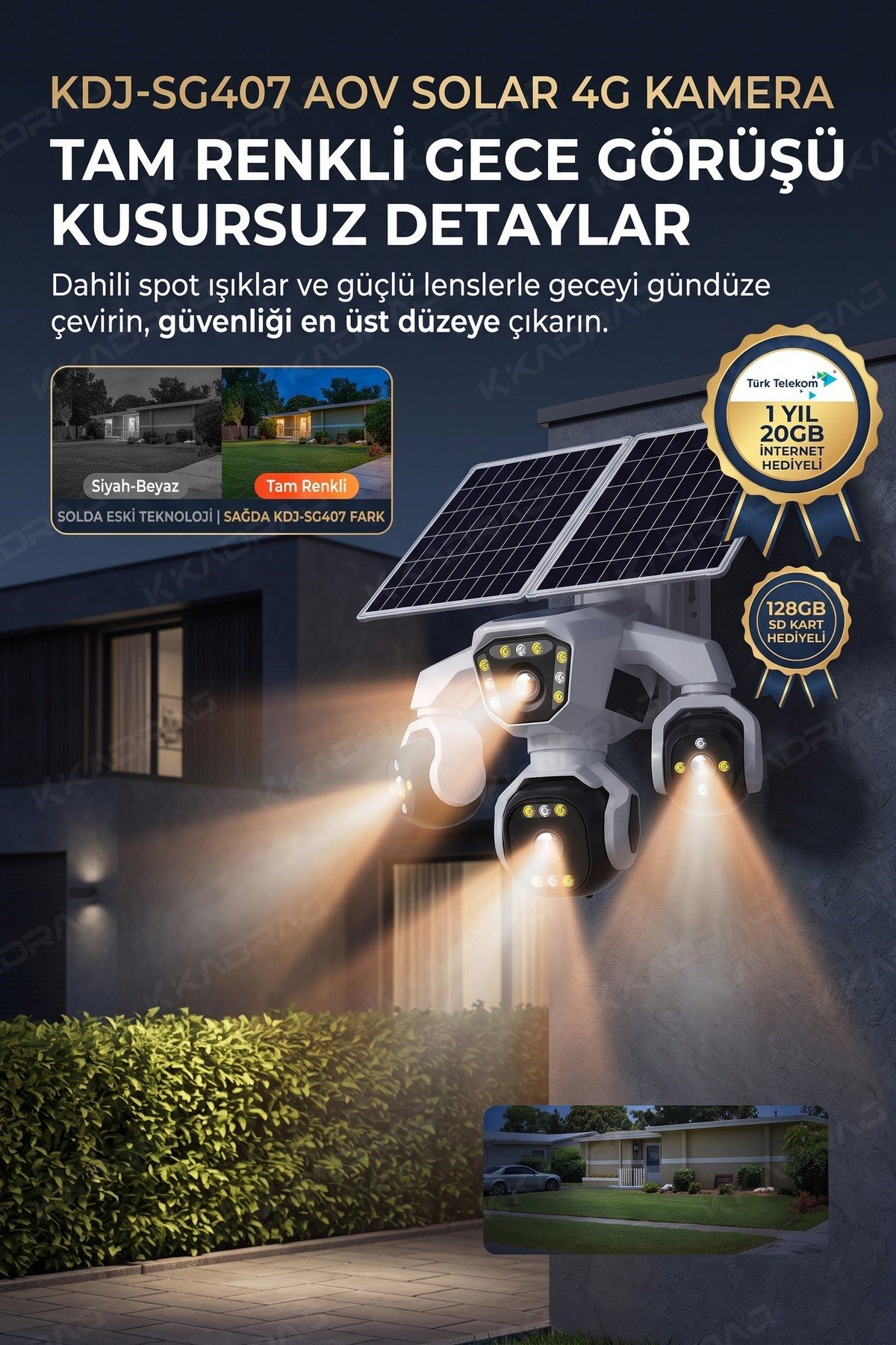 Kadraj 4 Kameralı - Solar Panelli 16000 Mah. TURK TELEKOM Yıllık Hat - 20MP Güvenlik Kamerası TT20 - görsel 9