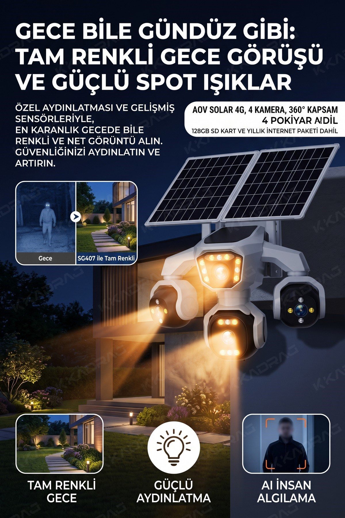 Kadraj 4 Kameralı - Solar Panelli 16000 Mah. TURK TELEKOM Yıllık Hat - 20MP Güvenlik Kamerası TT20 - görsel 5