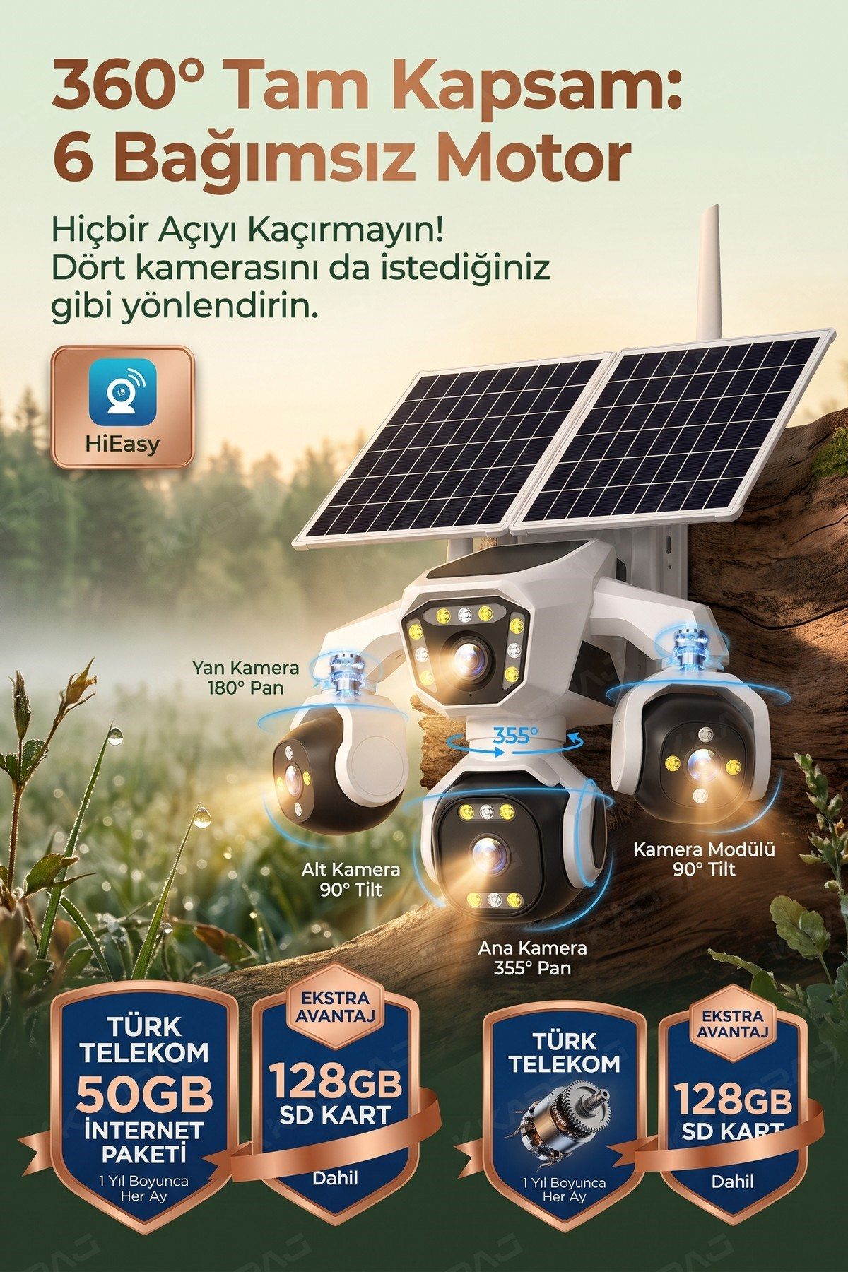 Kadraj 4 Kameralı - Solar Panelli 16000 Mah. TURK TELEKOM Yıllık Hat HER AY 50GB TT20