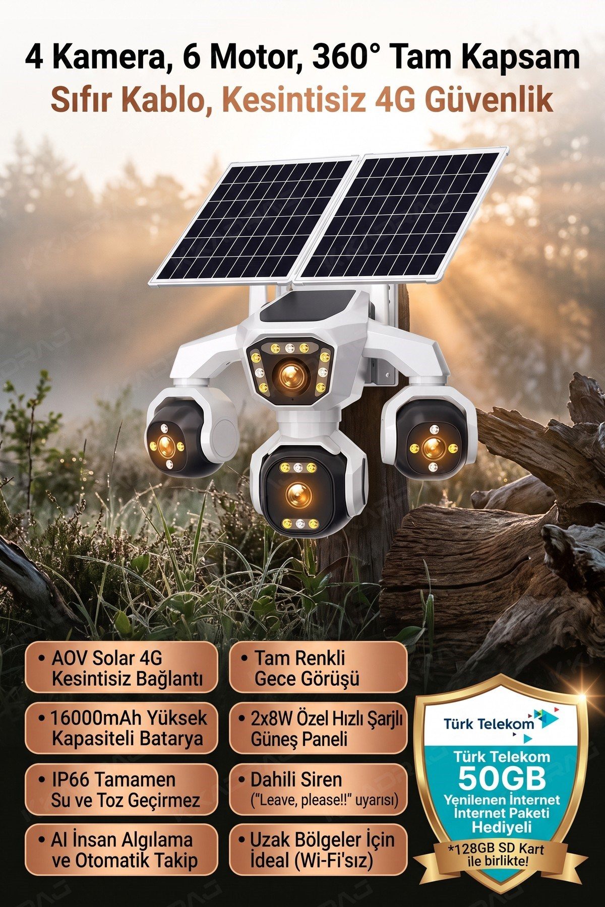 Kadraj 4 Kameralı - Solar Panelli 16000 Mah. TURK TELEKOM Yıllık Hat HER AY 50GB TT20 - görsel 3