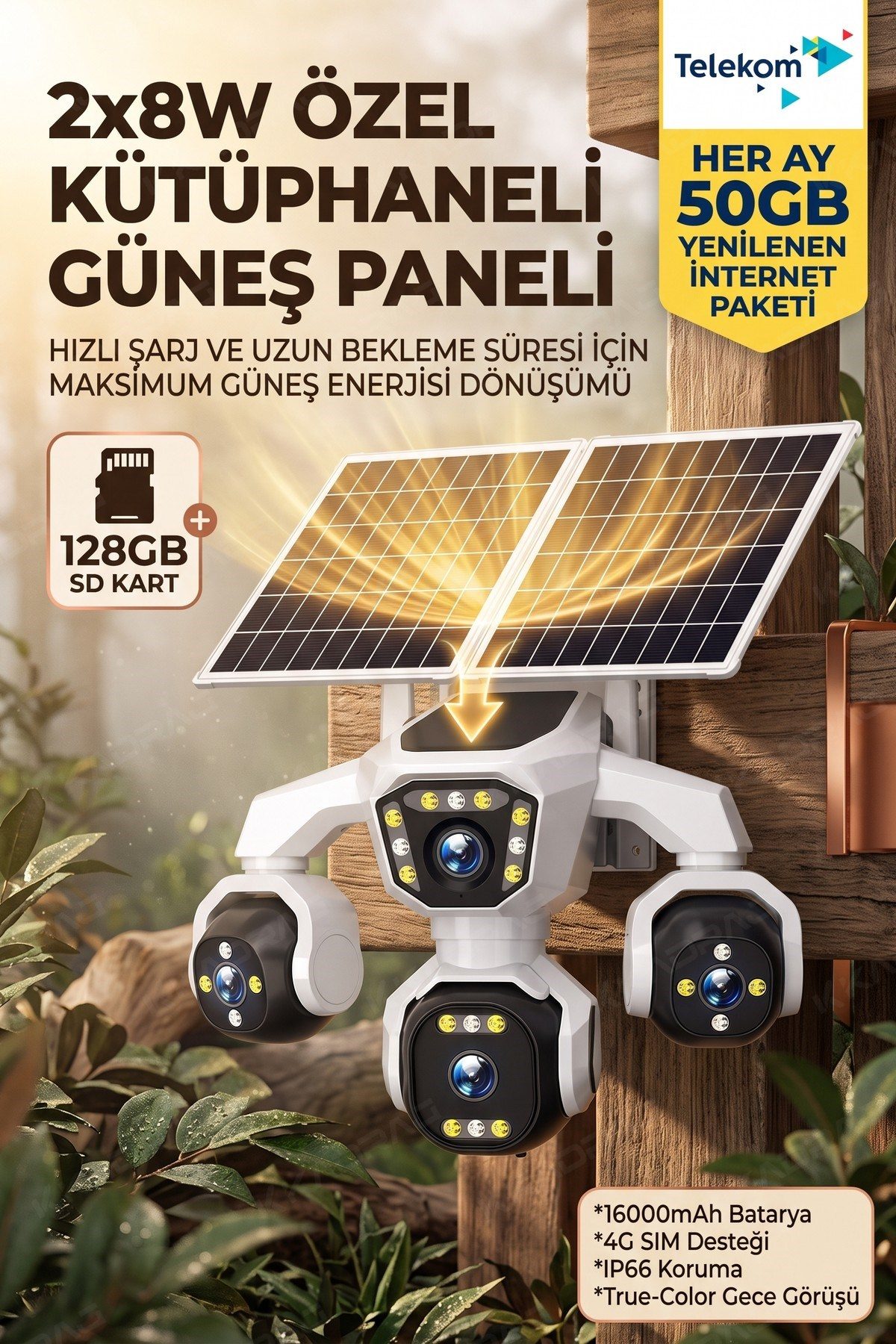 Kadraj 4 Kameralı - Solar Panelli 16000 Mah. TURK TELEKOM Yıllık Hat HER AY 50GB TT20 - görsel 6