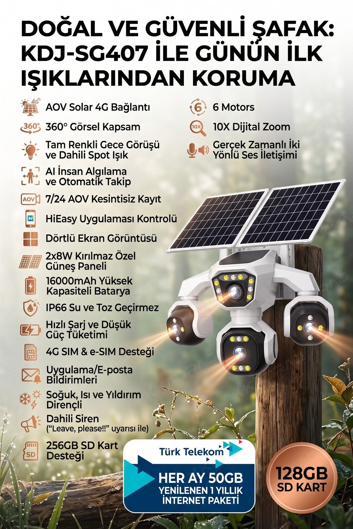 Kadraj 4 Kameralı - Solar Panelli 16000 Mah. TURK TELEKOM Yıllık Hat HER AY 50GB TT20 - görsel 5