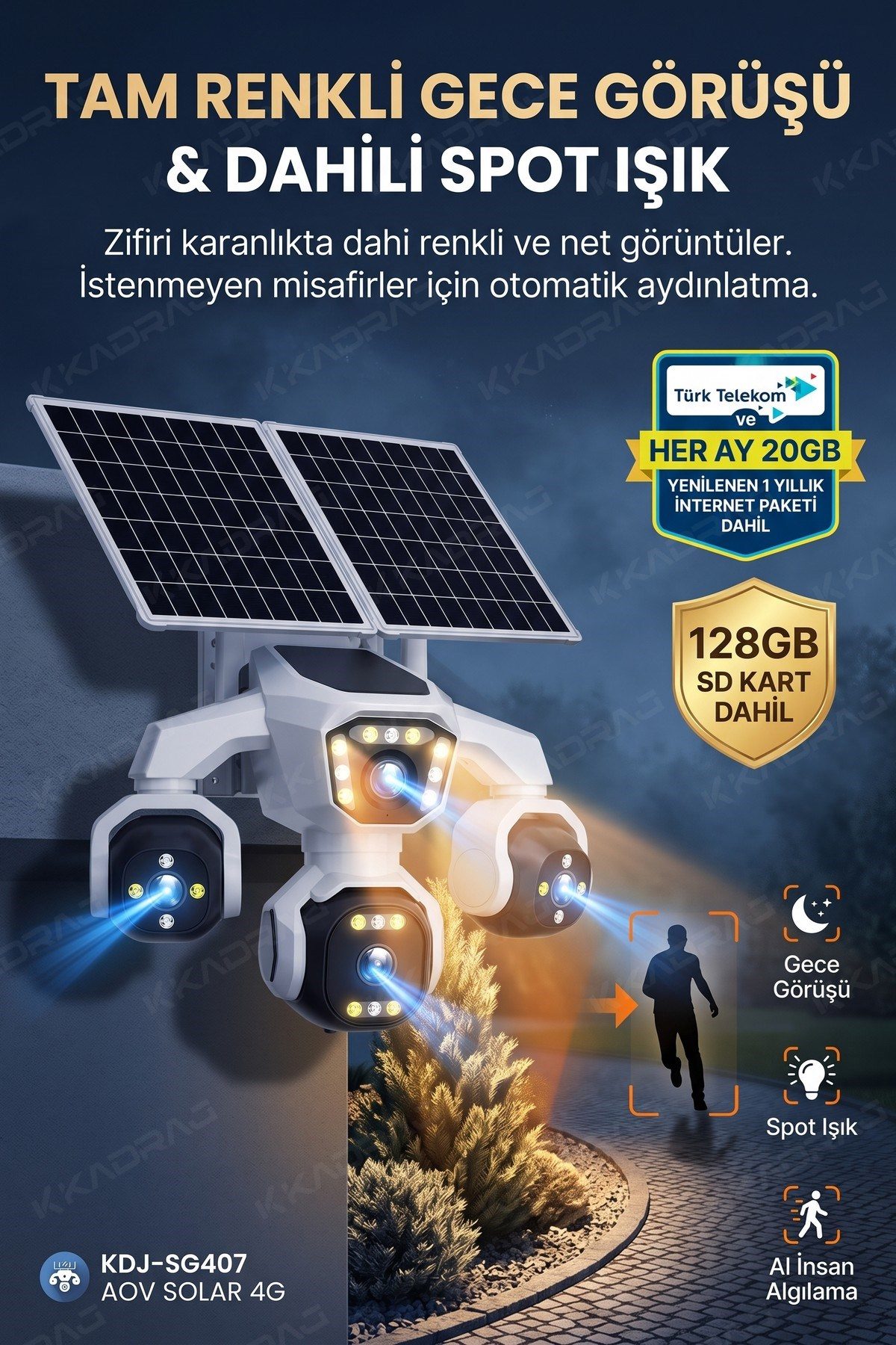 Kadraj 4 Kameralı - Solar Panelli 16000 Mah. TURK TELEKOM Yıllık Hat - 20MP Güvenlik Kamerası TT20 - görsel 7