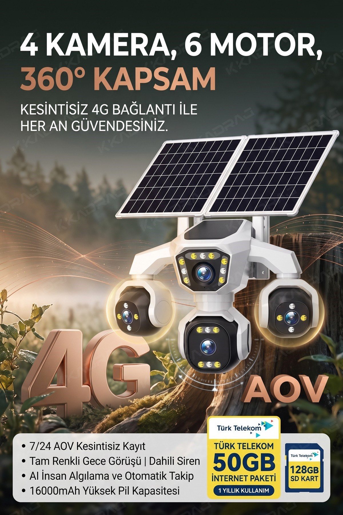 Kadraj 4 Kameralı - Solar Panelli 16000 Mah. TURK TELEKOM Yıllık Hat HER AY 50GB TT20 - görsel 8