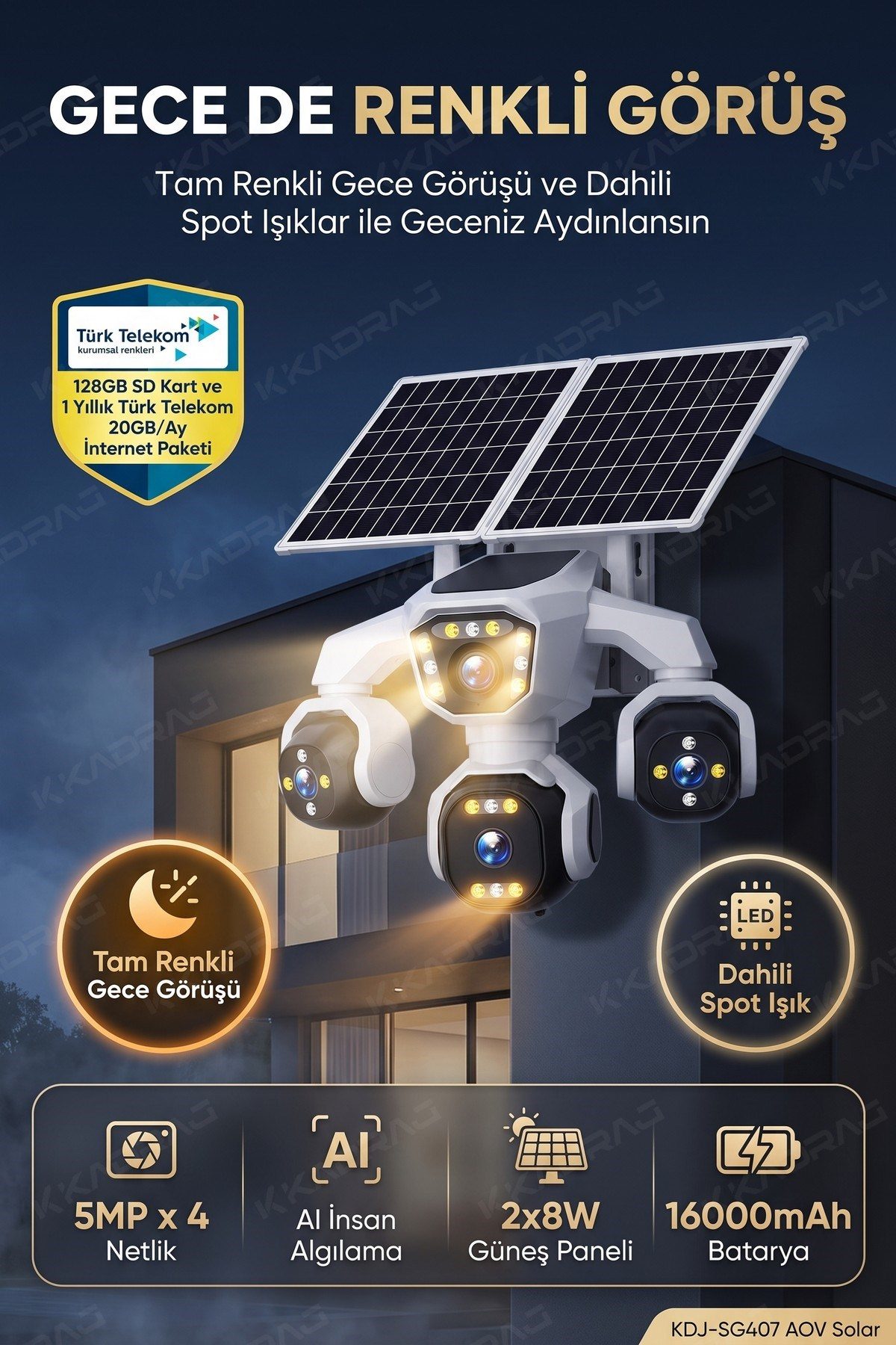Kadraj 4 Kameralı - Solar Panelli 16000 Mah. TURK TELEKOM Yıllık Hat - 20MP Güvenlik Kamerası TT20 - görsel 14