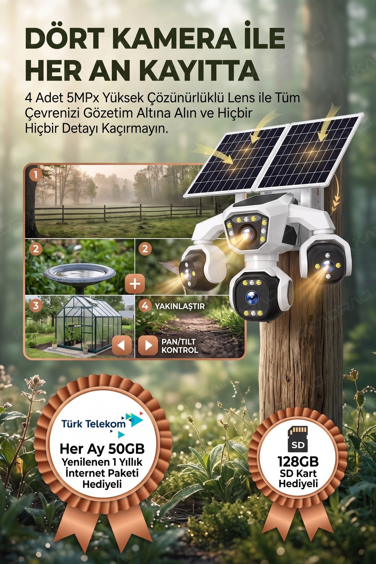 Kadraj 4 Kameralı - Solar Panelli 16000 Mah. TURK TELEKOM Yıllık Hat HER AY 50GB TT20 - görsel 4