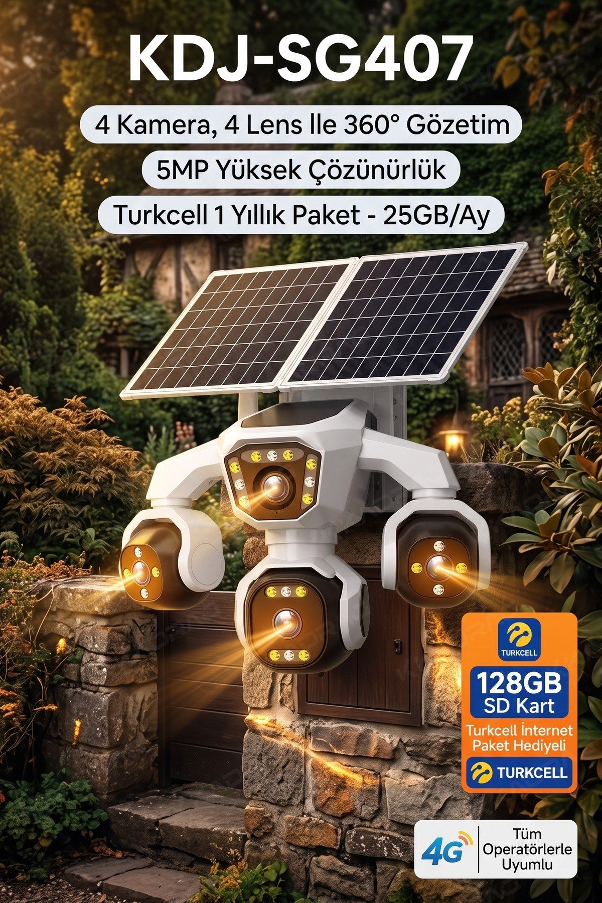 Kadraj 4 Kameralı - Solar Panelli 16000 Mah. Turkcell Yıllık Hat 20MP Güvenlik Kamerası YapayZeka Tc25 - görsel 6