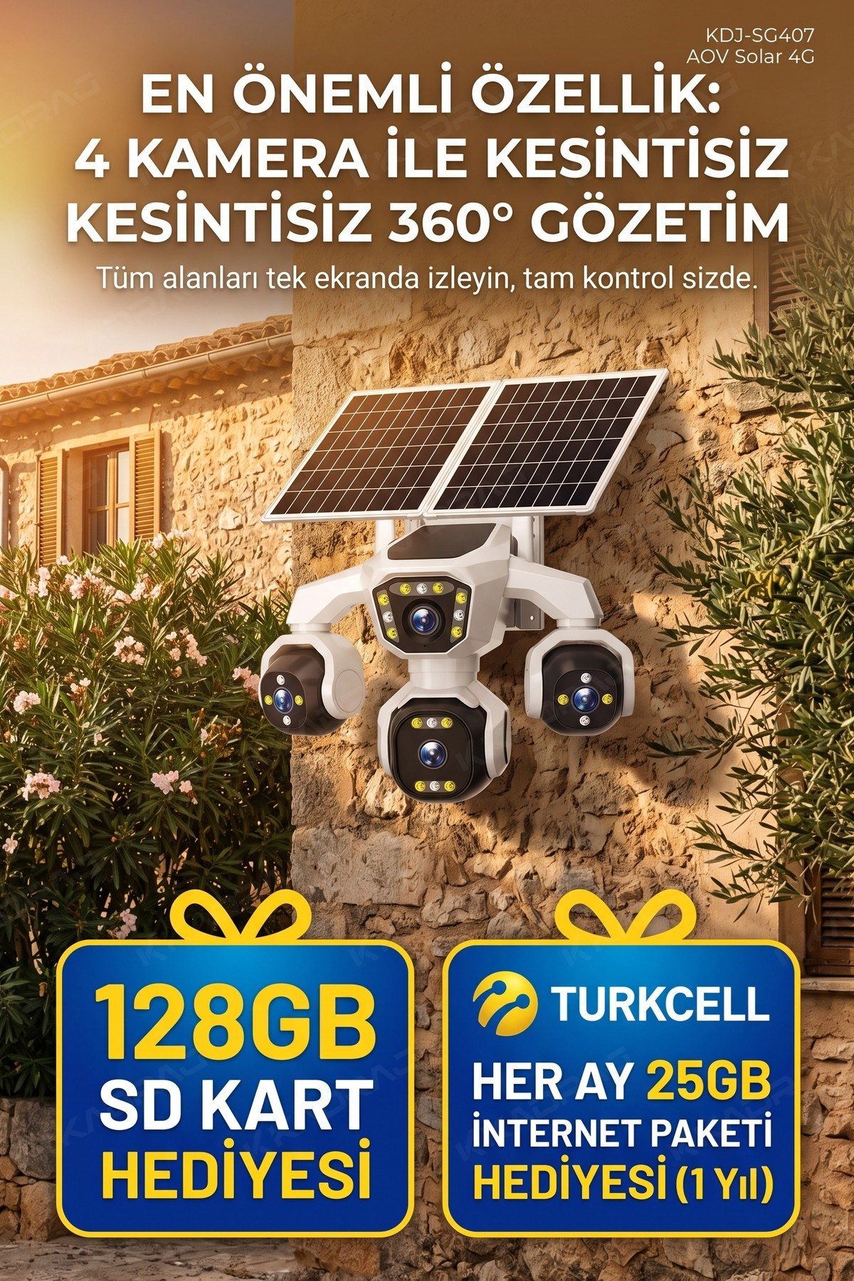 Kadraj 4 Kameralı - Solar Panelli 16000 Mah. Turkcell Yıllık Hat 20MP Güvenlik Kamerası YapayZeka Tc25 - görsel 3