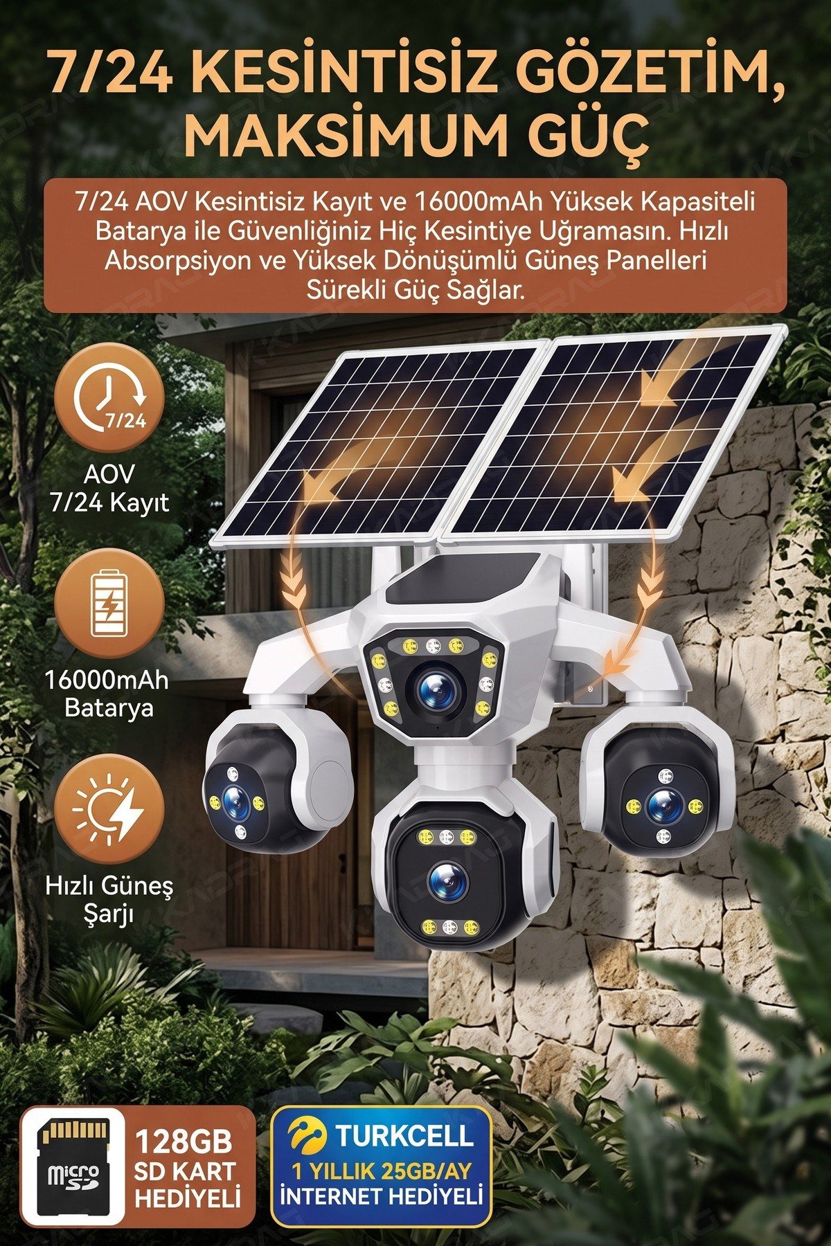 Kadraj 4 Kameralı - Solar Panelli 16000 Mah. Turkcell Yıllık Hat 20MP Güvenlik Kamerası YapayZeka Tc25