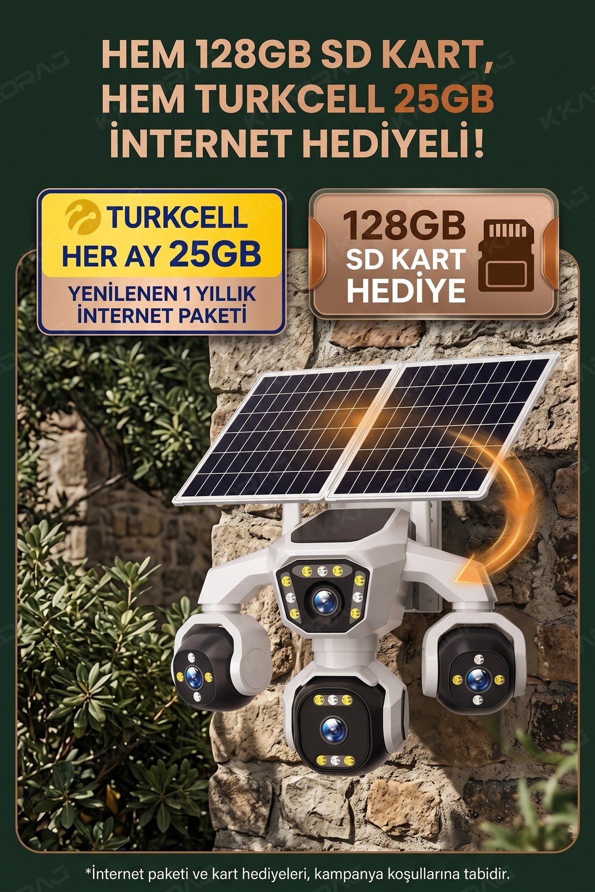 Kadraj 4 Kameralı - Solar Panelli 16000 Mah. Turkcell Yıllık Hat 20MP Güvenlik Kamerası YapayZeka Tc25 - görsel 2