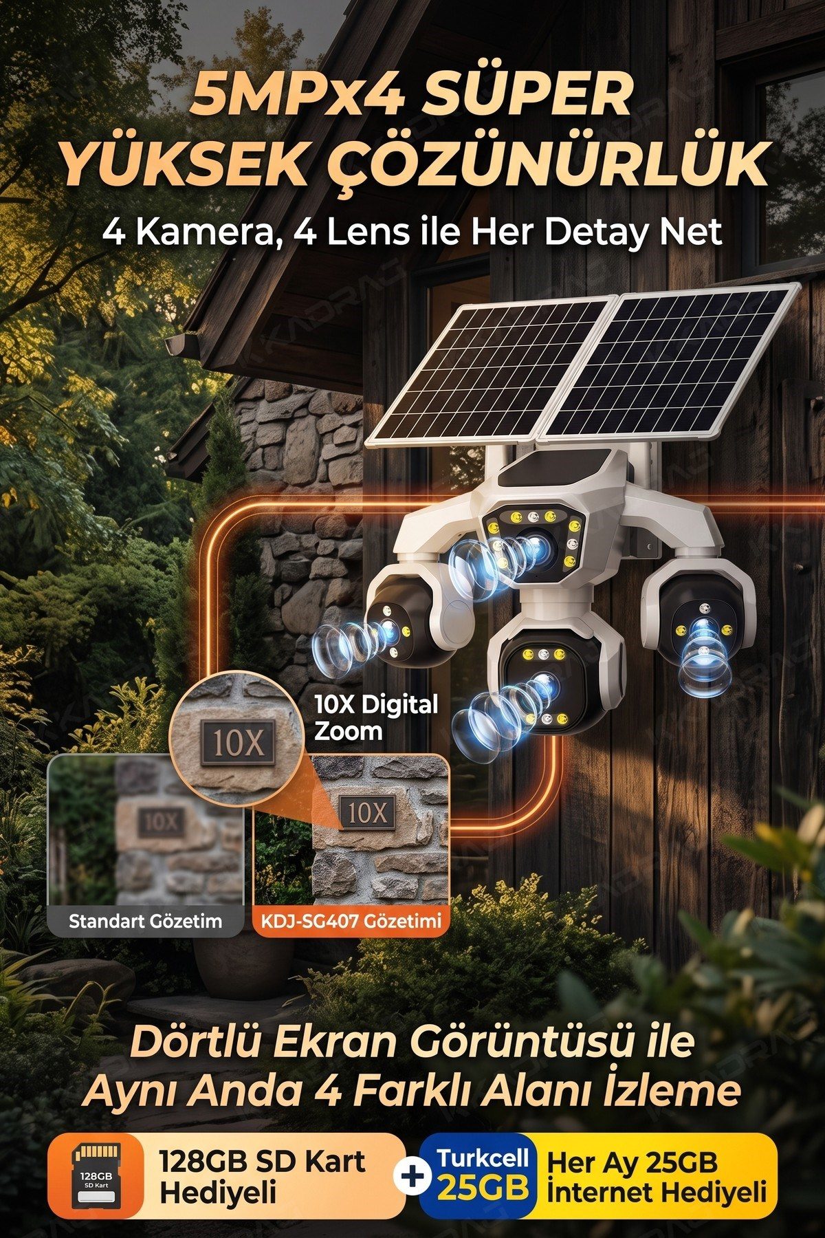 Kadraj 4 Kameralı - Solar Panelli 16000 Mah. Turkcell Yıllık Hat 20MP Güvenlik Kamerası YapayZeka Tc25 - görsel 5
