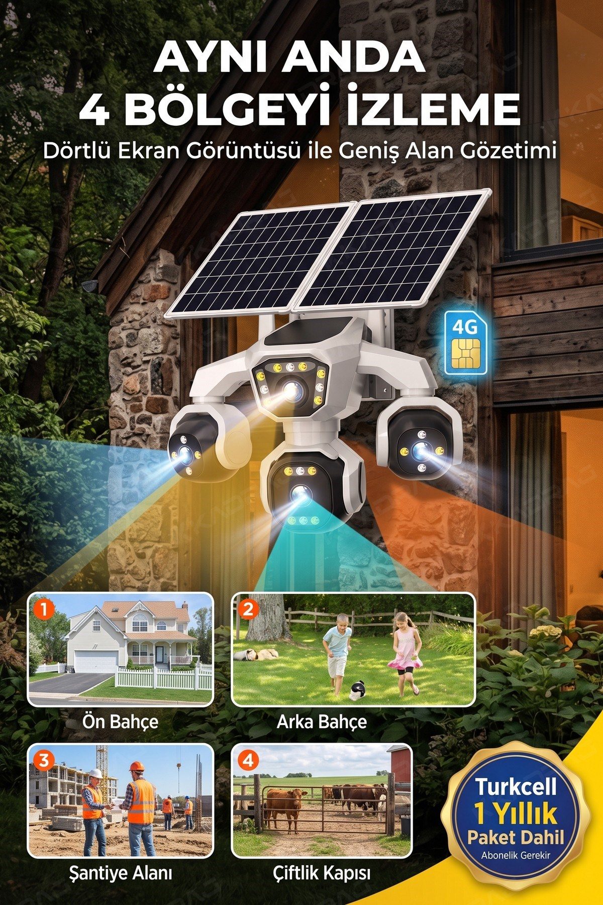 Kadraj 4 Kameralı - Solar Panelli 16000 Mah. Turkcell Yıllık Hat 20MP Güvenlik Kamerası YapayZeka Tc25 - görsel 9